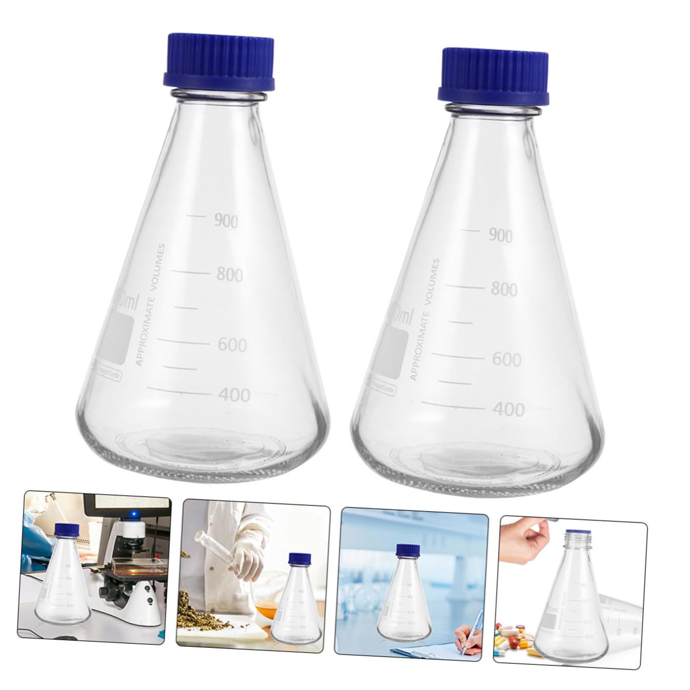 Erlenmeyerkolben Konisch mit Skala 2 Stück aus Glas 1000ml | Blauer Schraubverschluss, Klare Messmarken, für Schule und Forschung, Stabile Standform