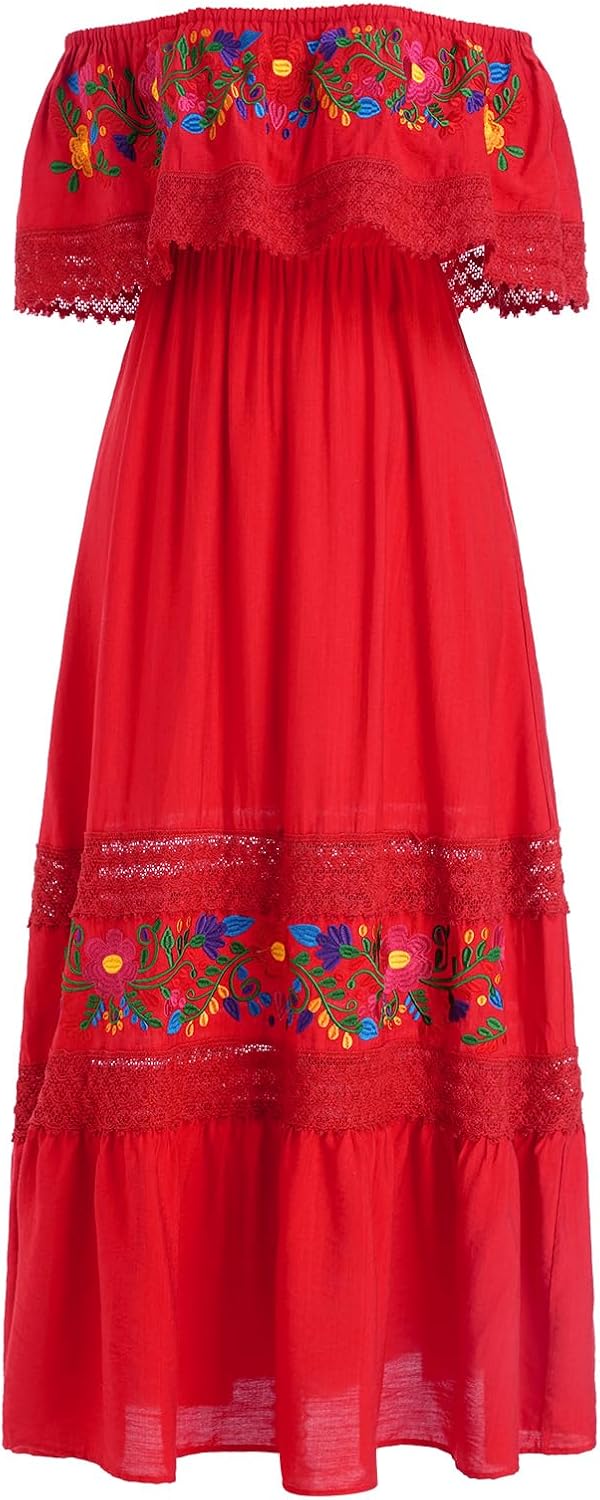 Mexican Dress for Women Traditional Off Shoulder Embroidered Present Casual Lace Long Maxi Dress Cinco de Mayo Outfit