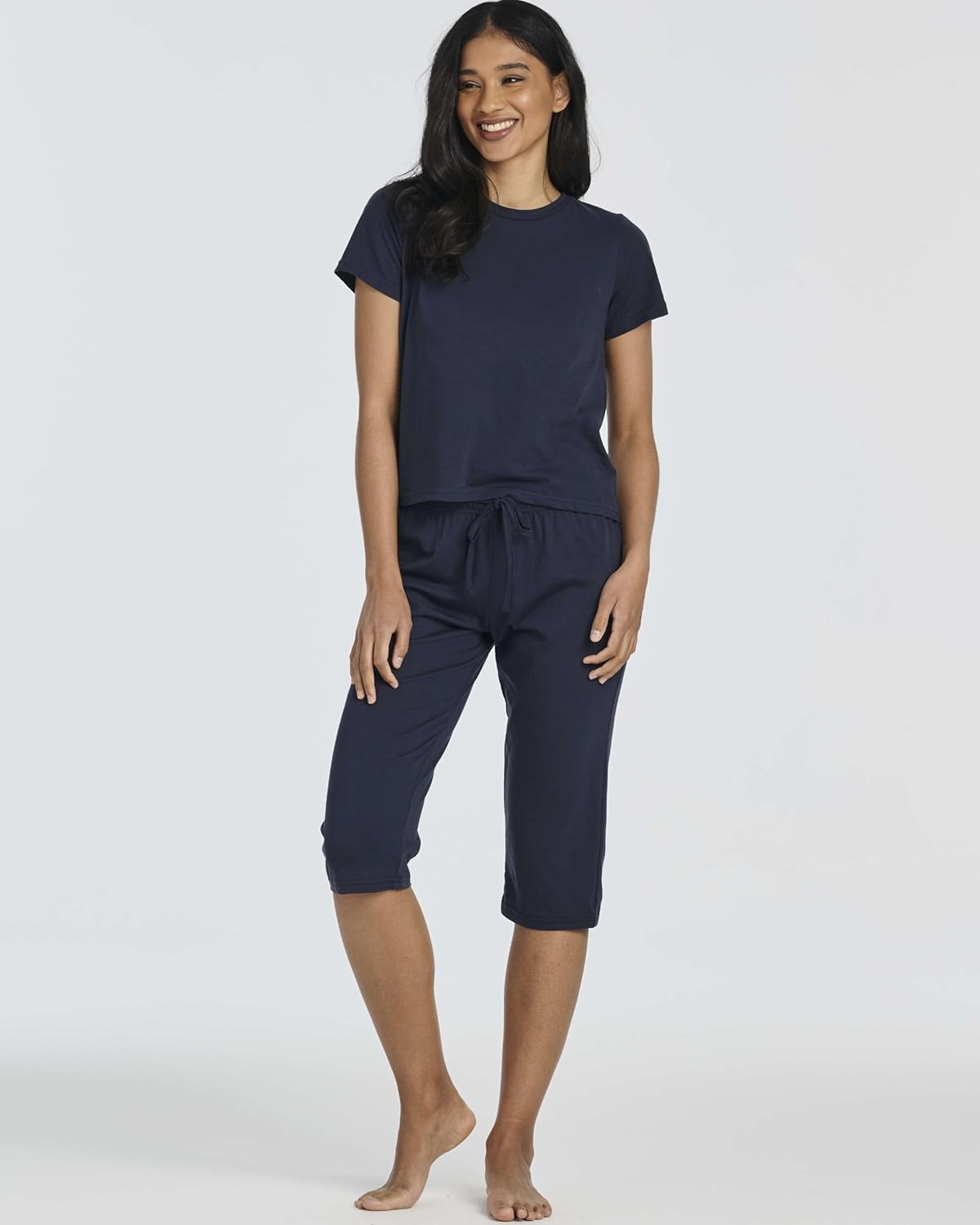 Real Essentials 2 Pack: Women's Cotton Short Sleeve Top and Capri Pants Pajama Lounge PJ Sets with Pocket (Available In Plus) - Image 2