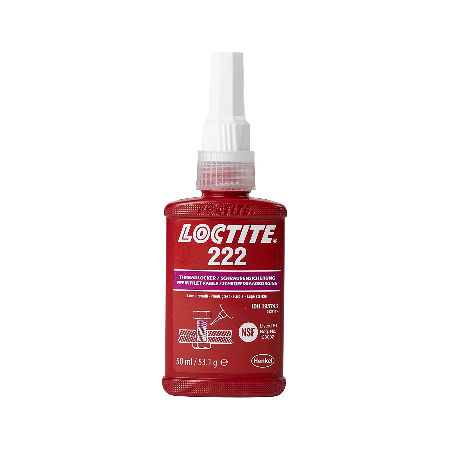 LOCTITE Schraubensicherung 222, Schraubenkleber für die Sicherung von Justierschrauben, niedrigfestes Schraubensicherungsmittel für kleine Metallgewinde, , 1x50ml
