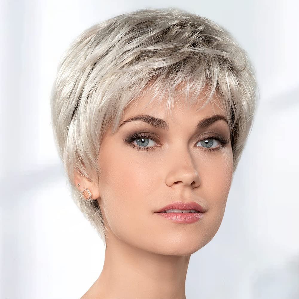 Short Ash Blonde Pixie Cut Wigs for White Women, Synthetic Ombre Blond