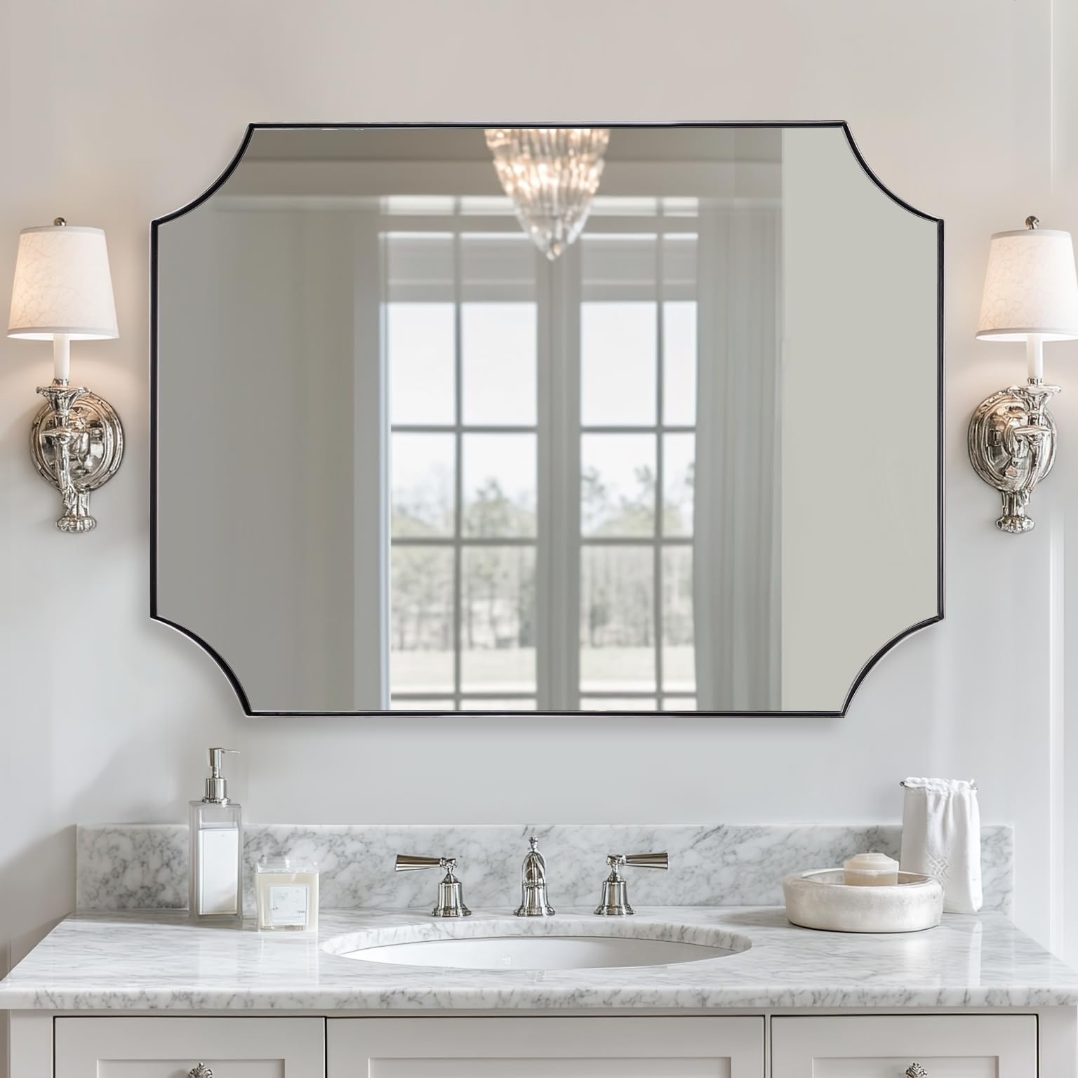 ANDY STAR 30x40 Inch Chrome Mirror, Scalloped Bathroom Mirror, Polished Chrome Framed Mirror in Anti-Rust Stainless Steel Metal Thin Frame Deep 1’’, Large Wall-Mounted Mirror (Horizontal/Vertical)