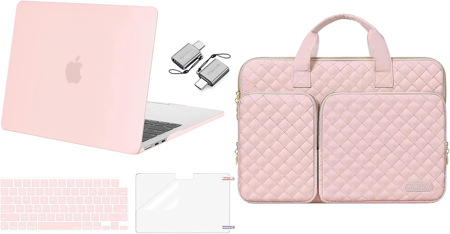 MOSISO Compatible with MacBook Air 13.6 inch Case 2022 2023 2024 Release M3 A3113 M2 A2681 with Touch ID, Plastic Hard Shell Case&Keyboard Cover&Screen Protector&Type C&Bag with Pockets, Chalk Pink