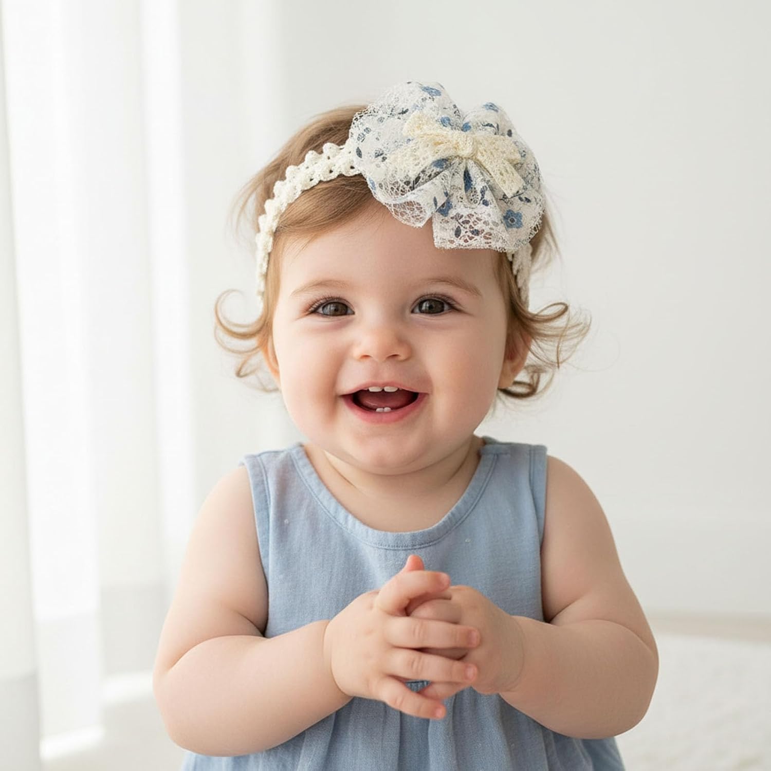 6 PCS Baby Girl Lace Headbands with Bow, Cute Flower Bowknot Elastic Head Wrap, Soft Lace Floral Hair Accessory for Newborn Infant Toddler Birthday Party (Size 0-24 Months)