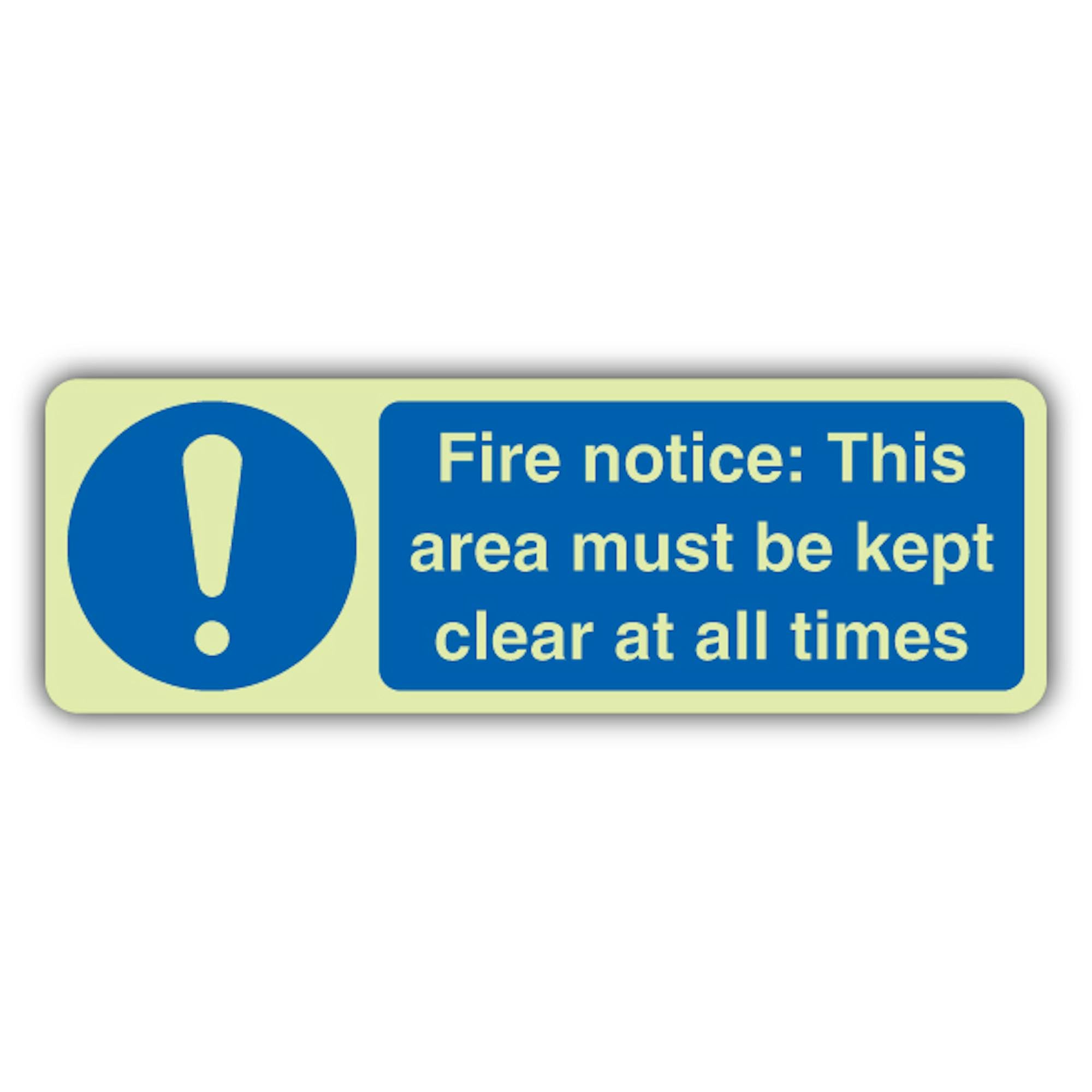 Cartello di sicurezza con scritta "V Safety Glow In The Dark Fire Notice: This Area Must Be Kept Clear At All Times" – 600 x 200 mm – Realizzato in vinile autoadesivo a doppio bagliore – Segnaletica