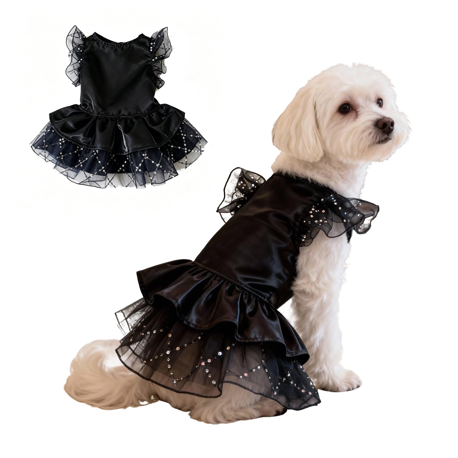 Fenralomi Elegant Pet Dress for Small Medium Dogs Cats, Princess Puppy Wedding Outfit with Lace Ruffle Tutu Skirt, Luxury Party Clothes for Chihuahua Yorkie Kitten (Black, XL)