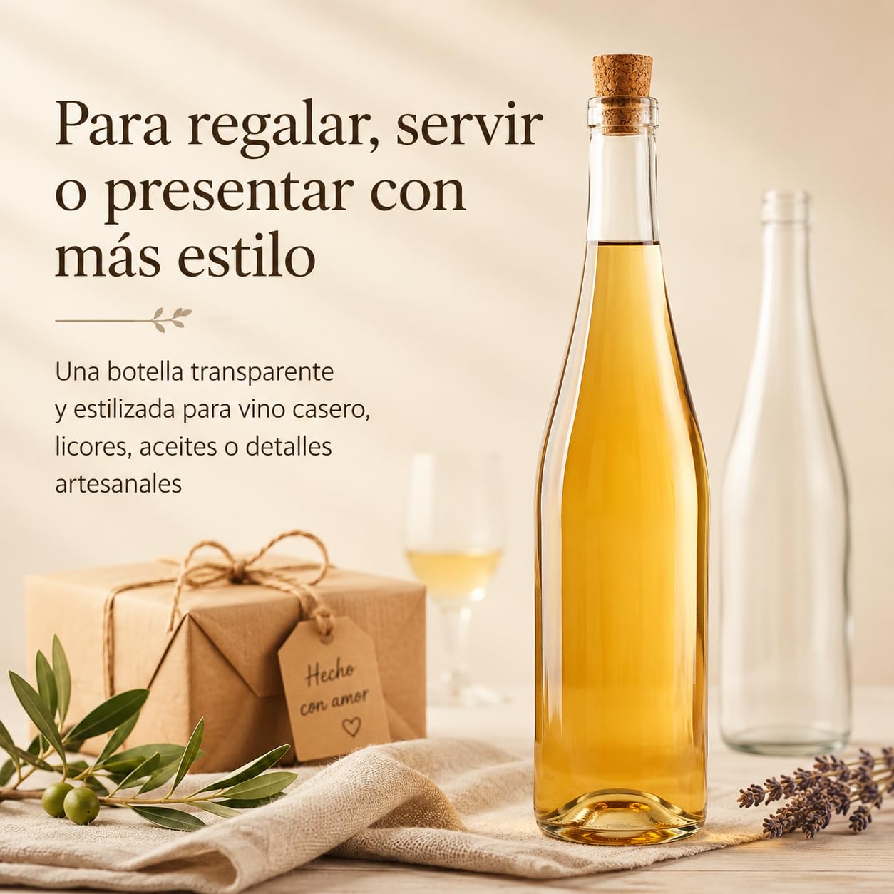 Botellas Vacías para Vino 750 ml Vidrio Transparente Pack 6 Corcho Cónico