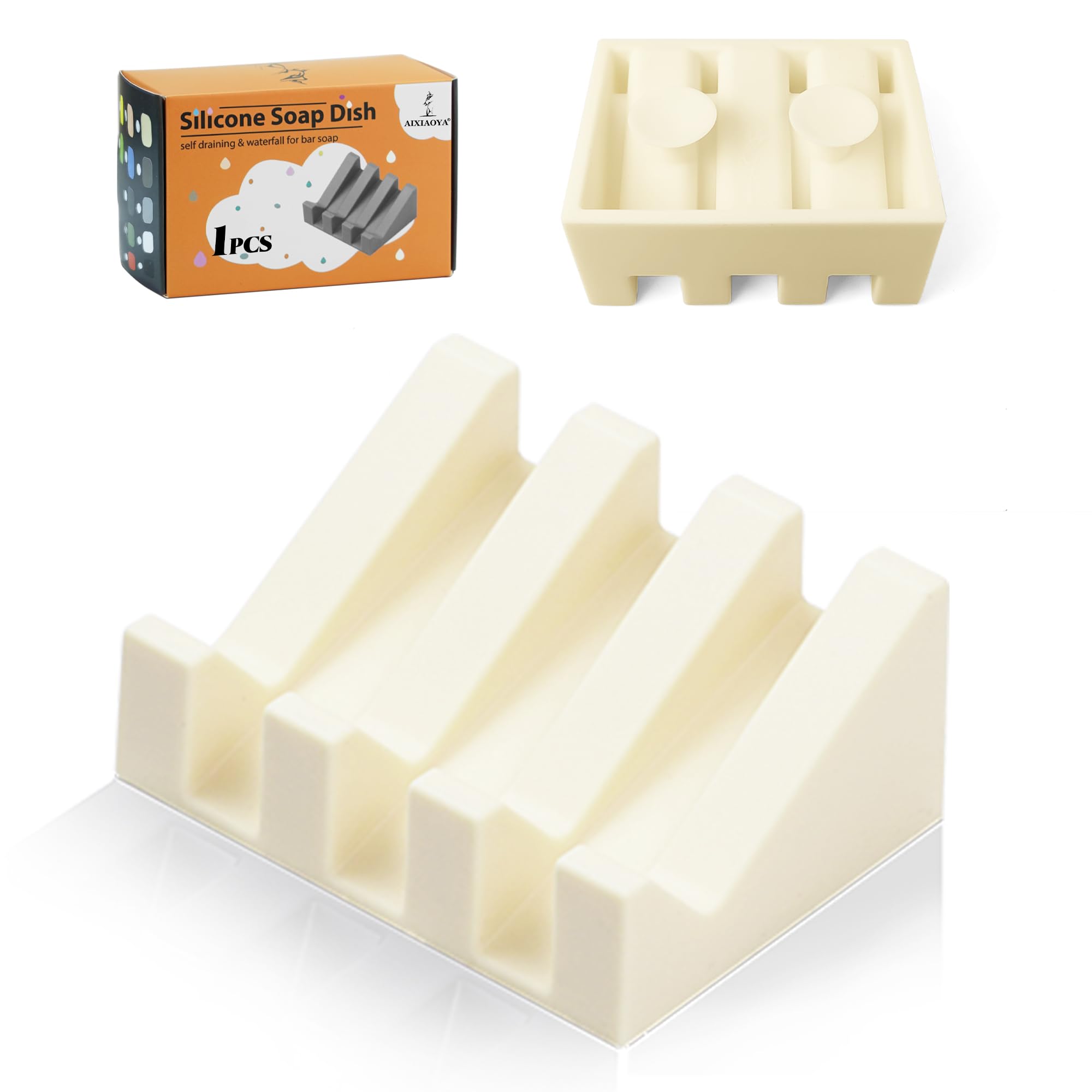 Silicone Soap Dish with Drain, Upgrade Double Suction Cups at The Bottom for Anti-Slip and Stability, Soap Dish Shower Waterfall Bar Soap Holder Tray with Drain Soap Holder (1, CreamWhite)