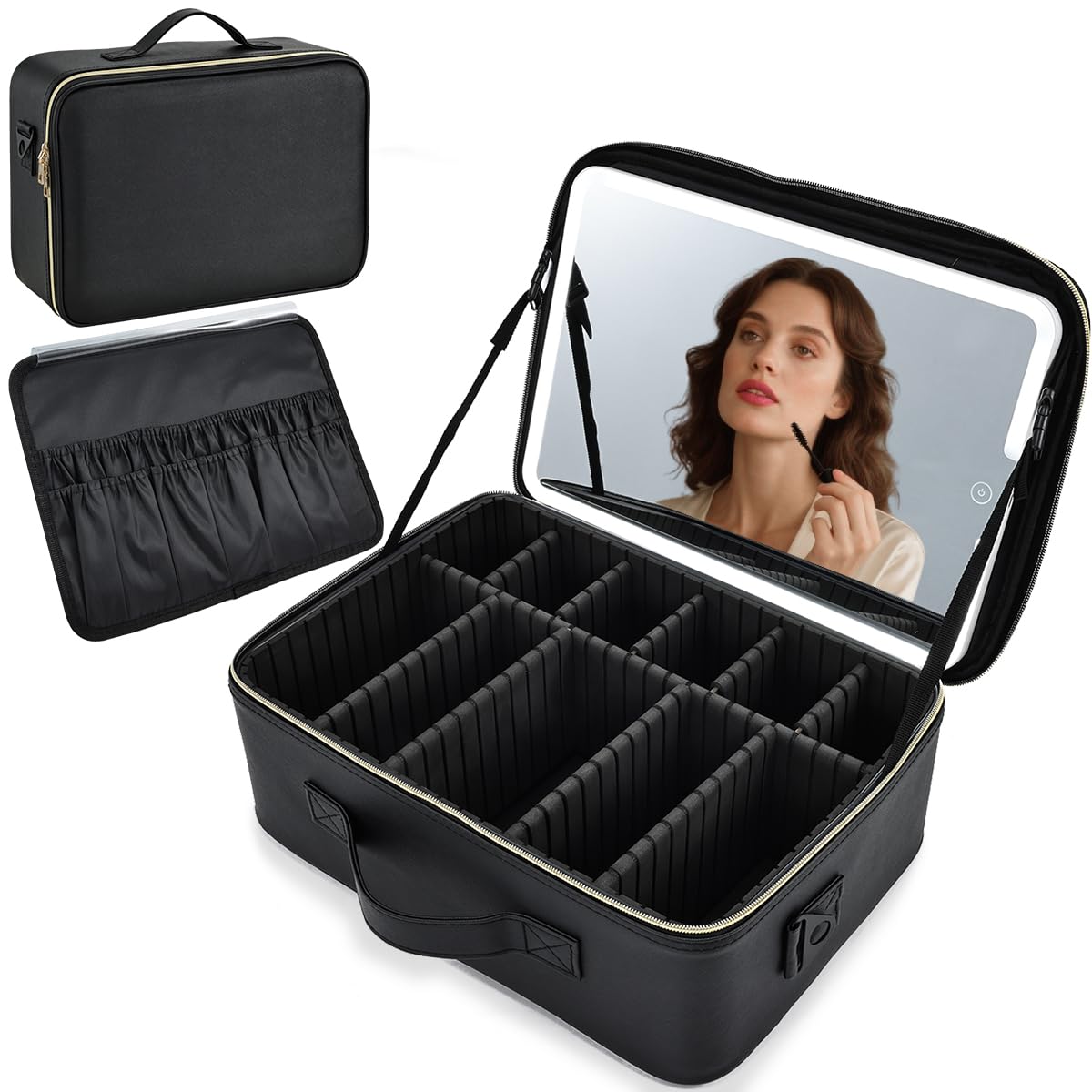 Bolsa de maquillaje de viaje con espejo, estuche organizador de maquillaje con compartimento ajustable, Black, Large Szie