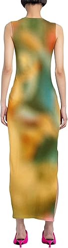 Miniatura 4 de Suillty Vestido sin mangas Y2k para mujer, diseño de teñido anudado, vestido largo, ajustado, ajustado, vestido largo de verano