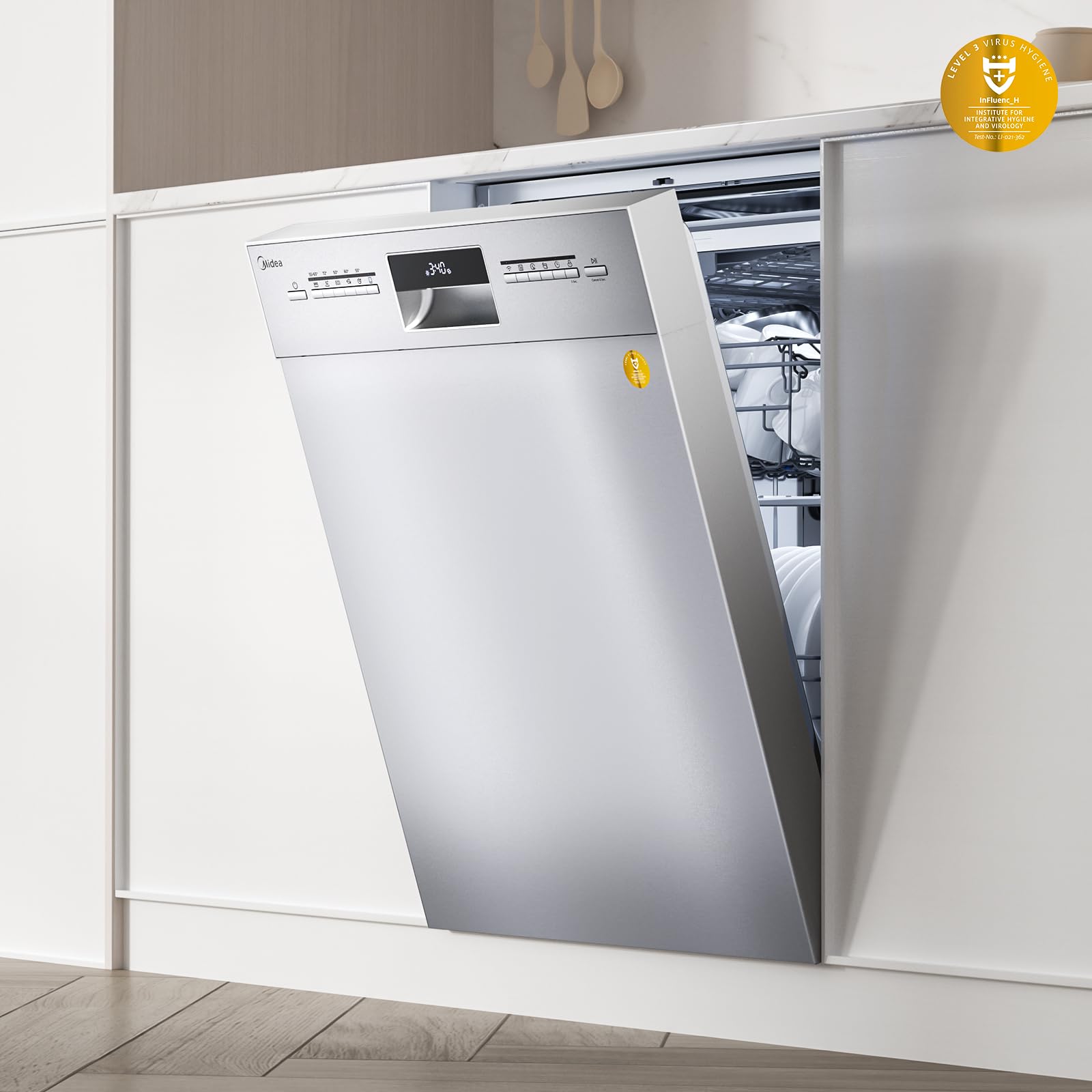 Midea Geschirrspüler 60cm Unterbau 14 Maßgedecke Teilintegrierbar mit WiFi Extra Trocknung 42dB Inox