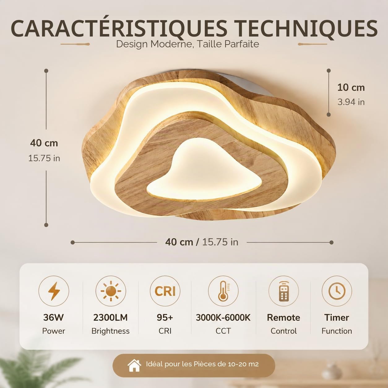 SENFAY Plafonnier LED Bois Naturel Ø40cm, Lampe de Plafond Dimmable avec Télécommande, Design Moderne Forme Cœur en Bois Chêne, 35W 3200lm, Plafonnier Chambre Salon Cuisine avec Mémoire et Veilleuse