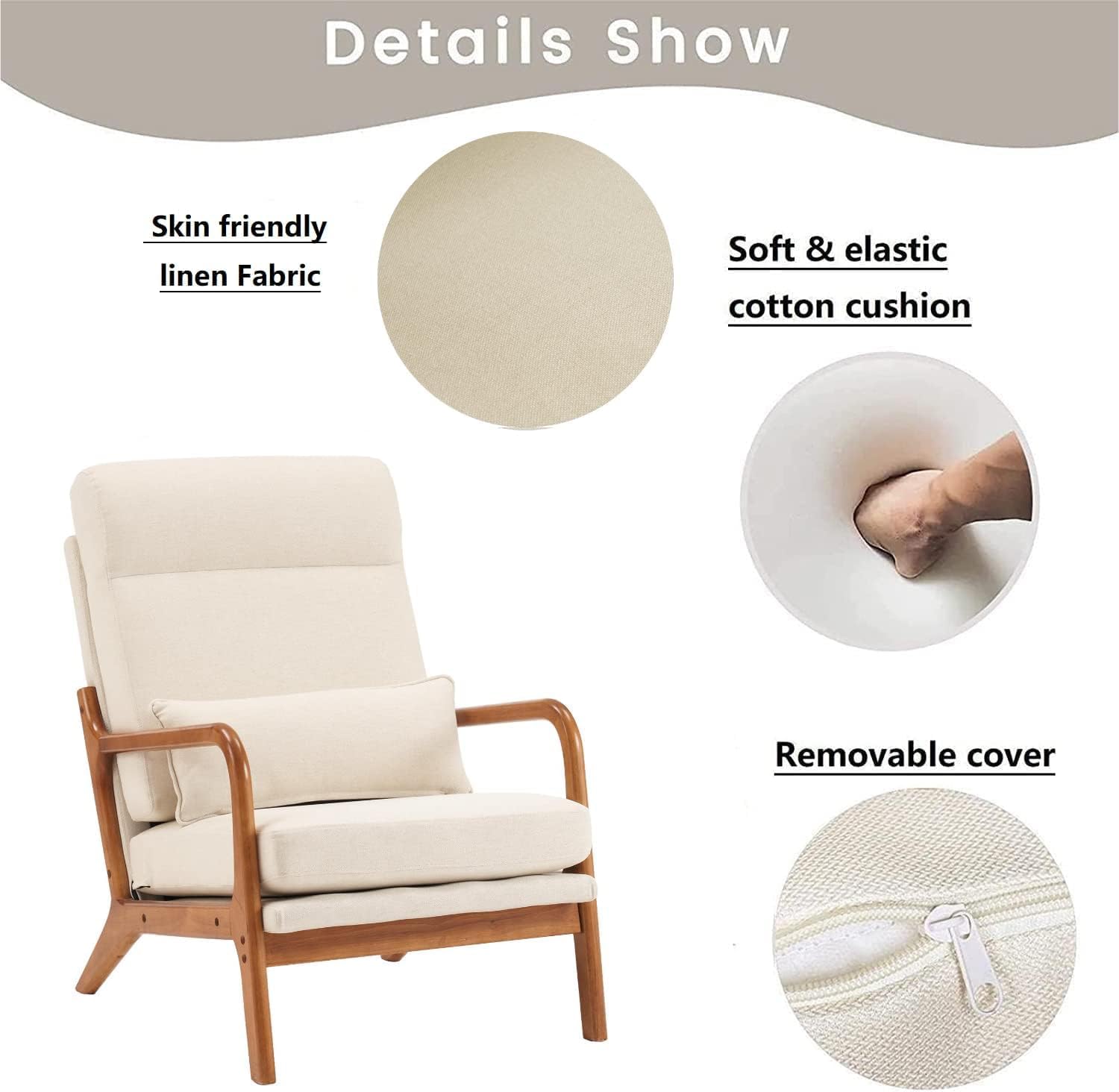 Accent Chair with Cushion, Mid-Century Modern Upholstered Single Reading Armchair High Back Sofa with Linen Fabric + Solid Wood Frame for Living Room, Bedroom, Lounge, Balcony (Beige)
