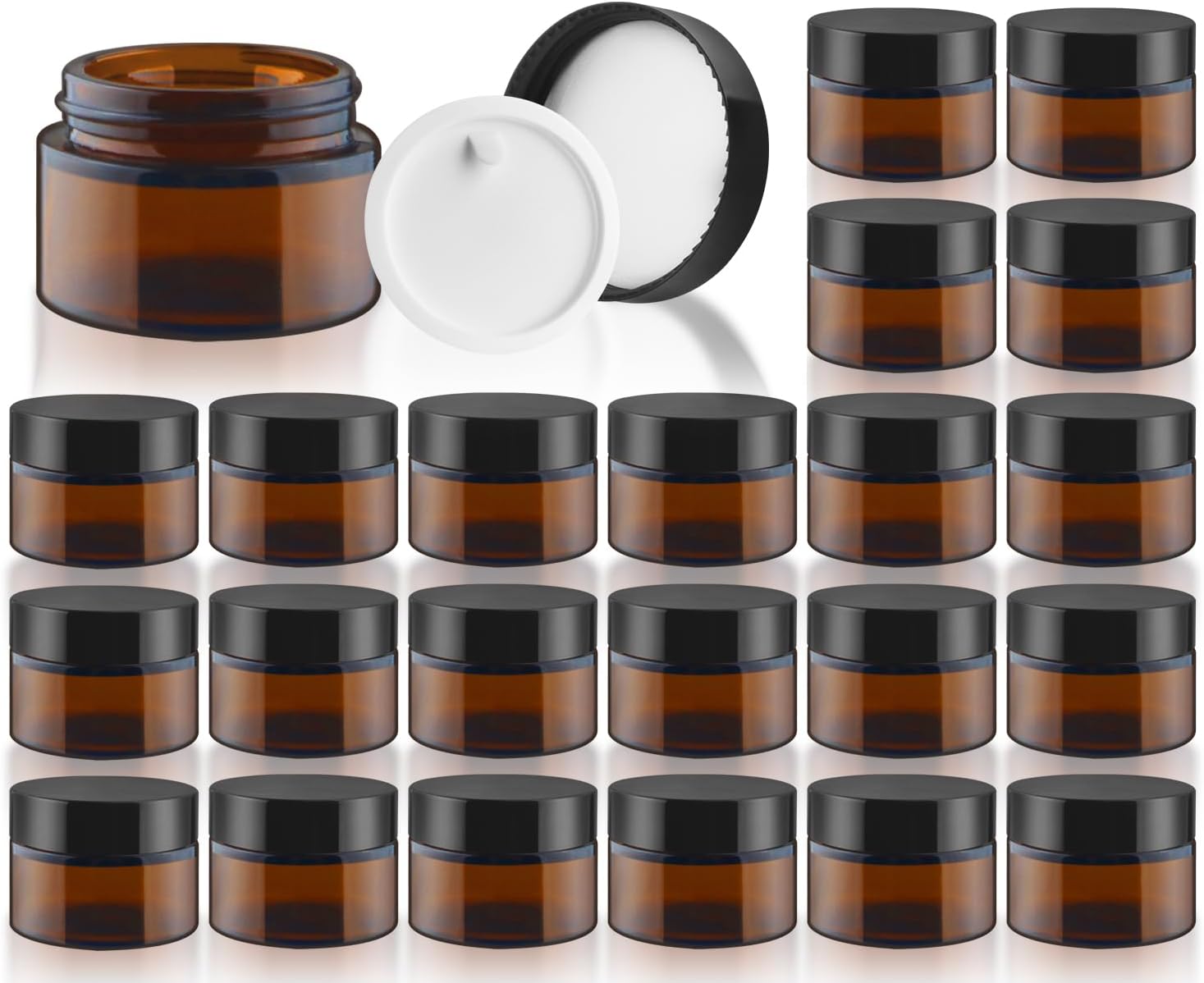 Small Glass Jars with Black Lids,24 Pack Amber Empty Round Glass Jar with Inner Liners for Creams,Lotions,Body Butter,Salves Ointments,Bath Salts,Powders,Travel Liquid Container (4oz)