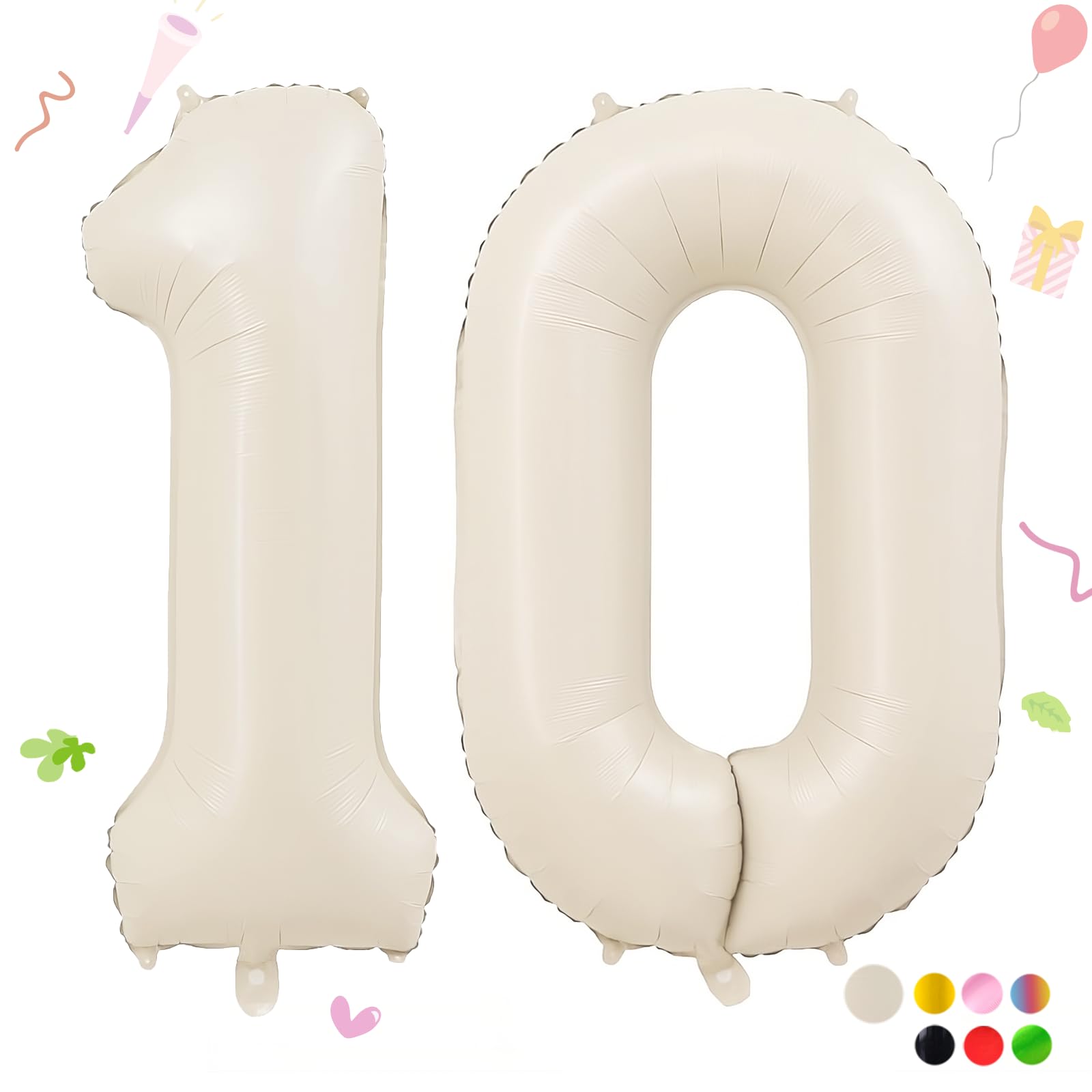 Smlpuame 40 Inch Beige Number 10 Balloons for 10th Birthday Decorations Boys Girl, Giant Self-Sealing Cream Foil Number 0-10 White Sand Balloon for