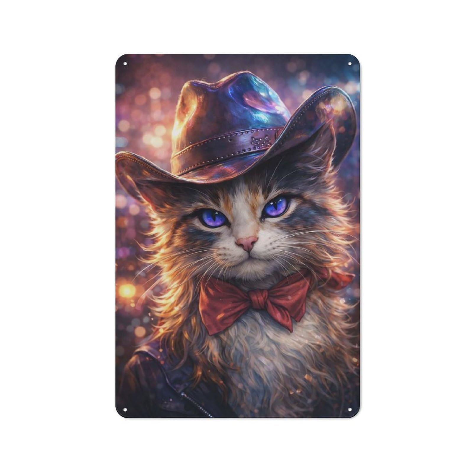 Junmoney Style-6 Workshop Style Cat In Cowboy Hat With Bow Tie Tin Sign 30X20cm, Garage Wall Decor For Tool Room, Garage, Studio Or Home Bar