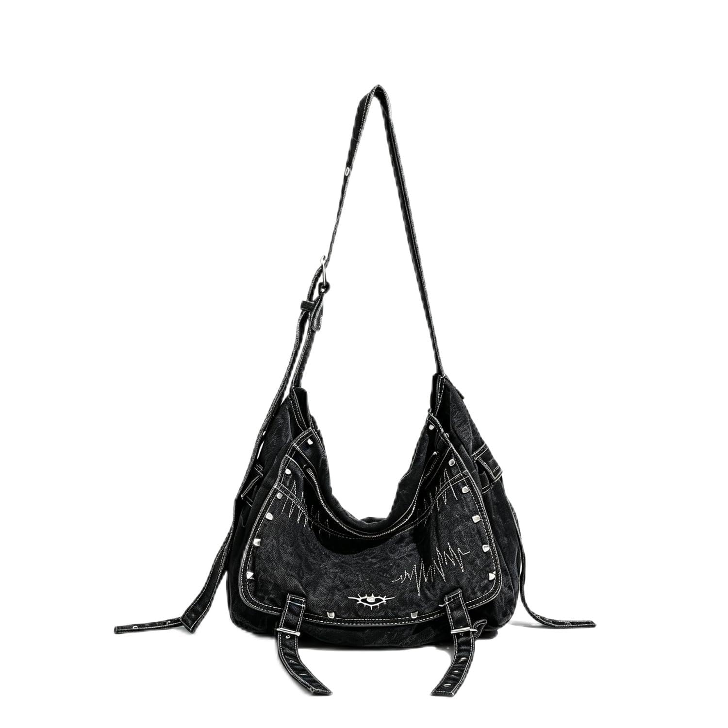 Generico Borsa Denim A Spalla, Borsa Hobo Da Donna Di Grandi Dimensioni In Tela Effetto Vissuto – Indossabile A Spalla O A Mano – Caratterizzata Da Borchie In Stile Punk Y2K