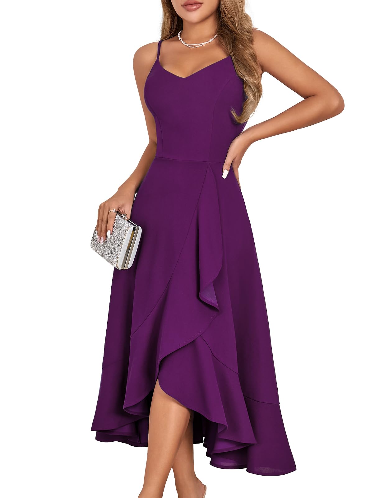 DRESSTELLS Cocktailkleid Damen Träger Hochtief Midikleid Festliche Kleid für Hochzeitsgäste Knielang Damenkleider Elegantes Partykleid Grape S