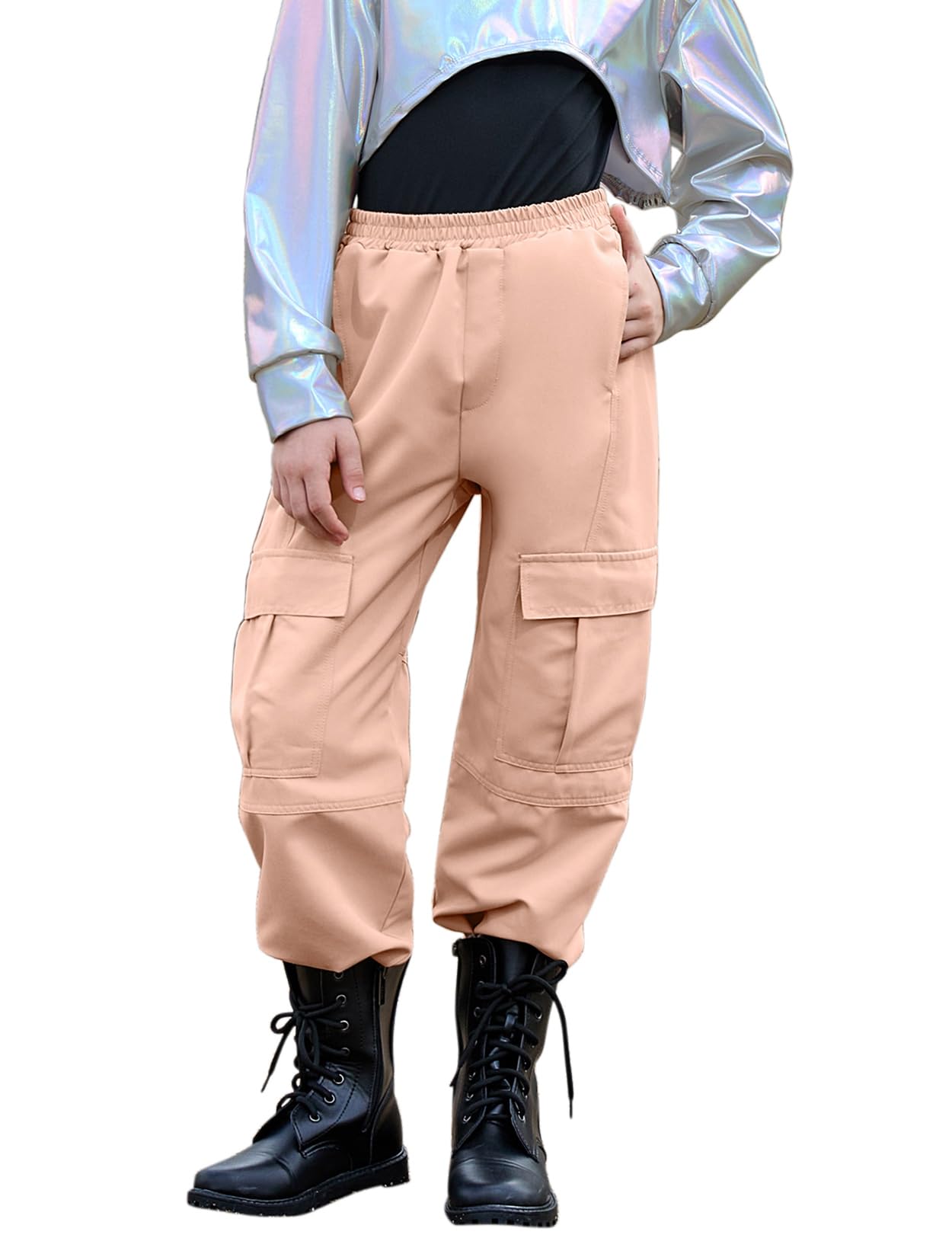Perfashion Metallic Cargo Pants for Girls &amp; Womens Hip Hop Dance Multi-Pocket Joggers High Waist Pants 6-15Y