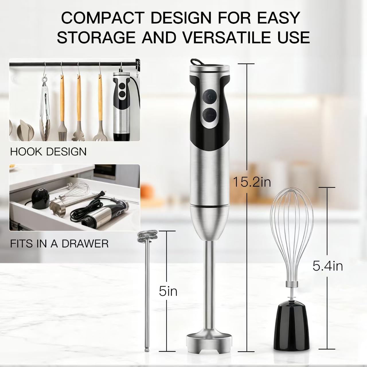 Frullatore a immersione MegaWise Pro Titanium Reinforced 3 in 1, potente motore in rame con lame più affilate dell'80%, frullatore con cavo a 12 velocità, frusta di sicurezza e montalatte inclusi