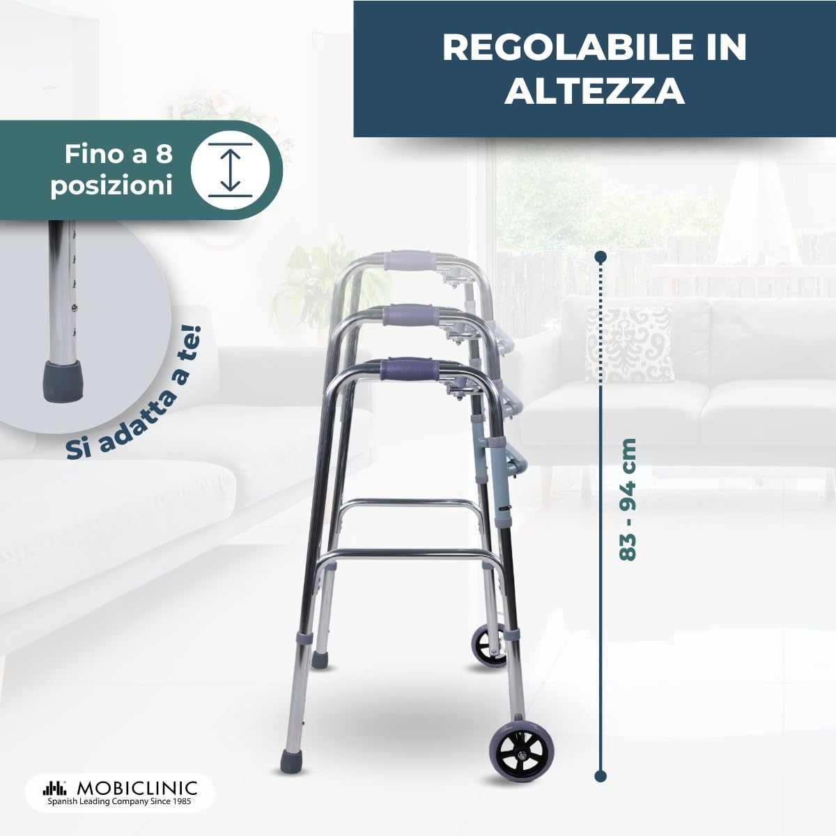 Mobiclinic®, Telaio per anziani, Modello capitel, Marchio europeo, Pieghevole, Regolabile in altezza, Antiscivolo, Adulti o disabili, Leggero e robusto, 2 ruote, Alluminio, Colore grigio