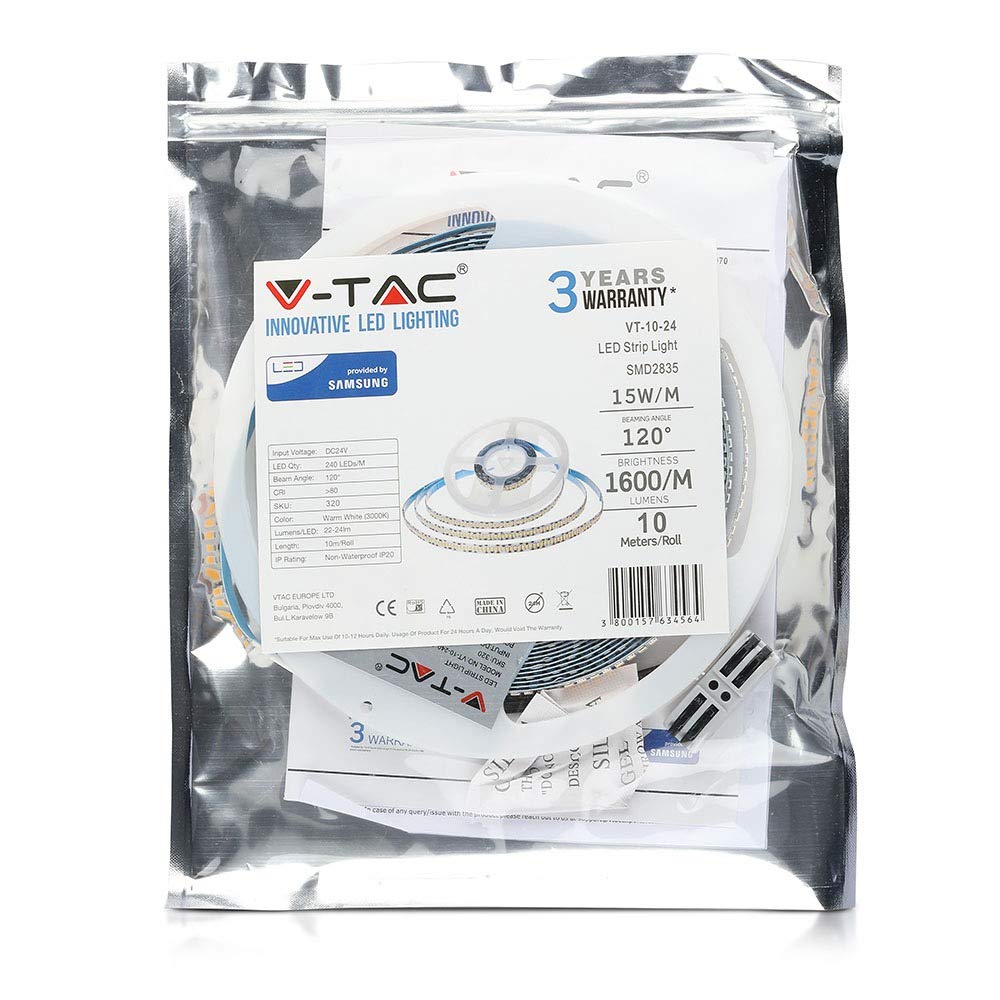 Striscia LED Chip Samsung 24V 10M Bianco Caldo 3000K Ip20 No Wp