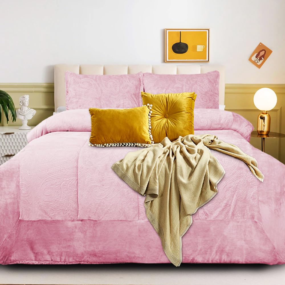 B&B Bedspread Double Bed Throw Luxury Warm Plush Fluffy Quilt Bed Blanket Bed Throws Bedspread Set 3 Pieces with 2 Soft Pillow Shams Complete Bedding Set For All Season Use - Pink
