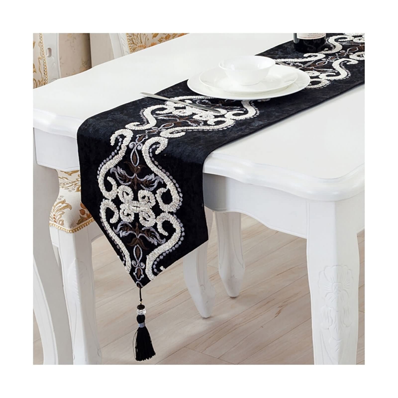 Runner da tavolo, piccolo, nero, runner da tavola natalizio, con nappe, 33 x 160 cm, decorazione da tavolo natalizia