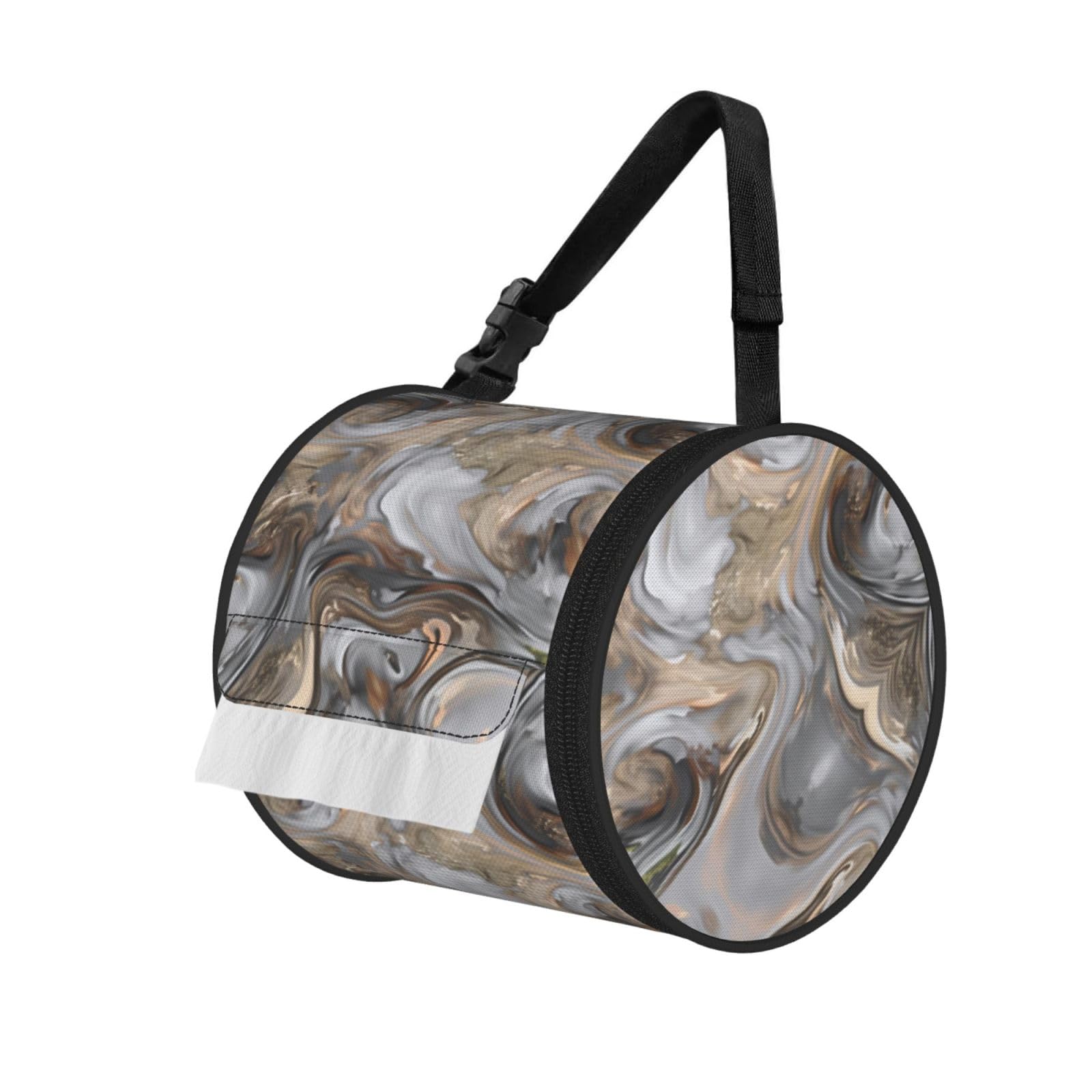 Gray Marble With Gold Veins Print Round Tissue Dispenser Bag With Carry Strap, Portable Roll Holder For Car Travel Home
