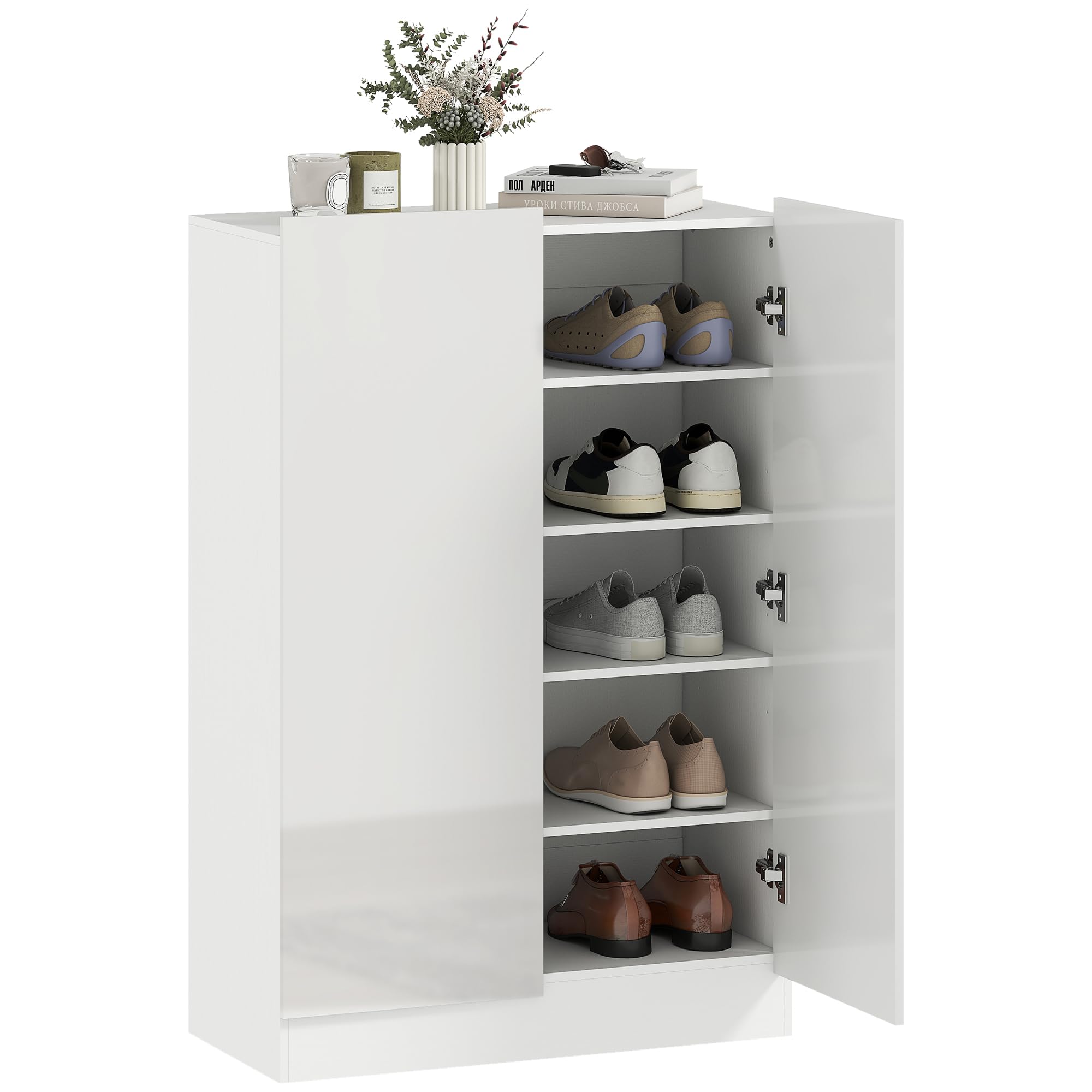 HOMCOM Szafka na buty reg. półkami, drzwi błyszczące, 72x34,5x103cm, Biały | Regał na buty, otwory wentylacyjne, przechowywanie butów z funkcją soft-close, komoda na buty, na 15–20 par butów, Biały