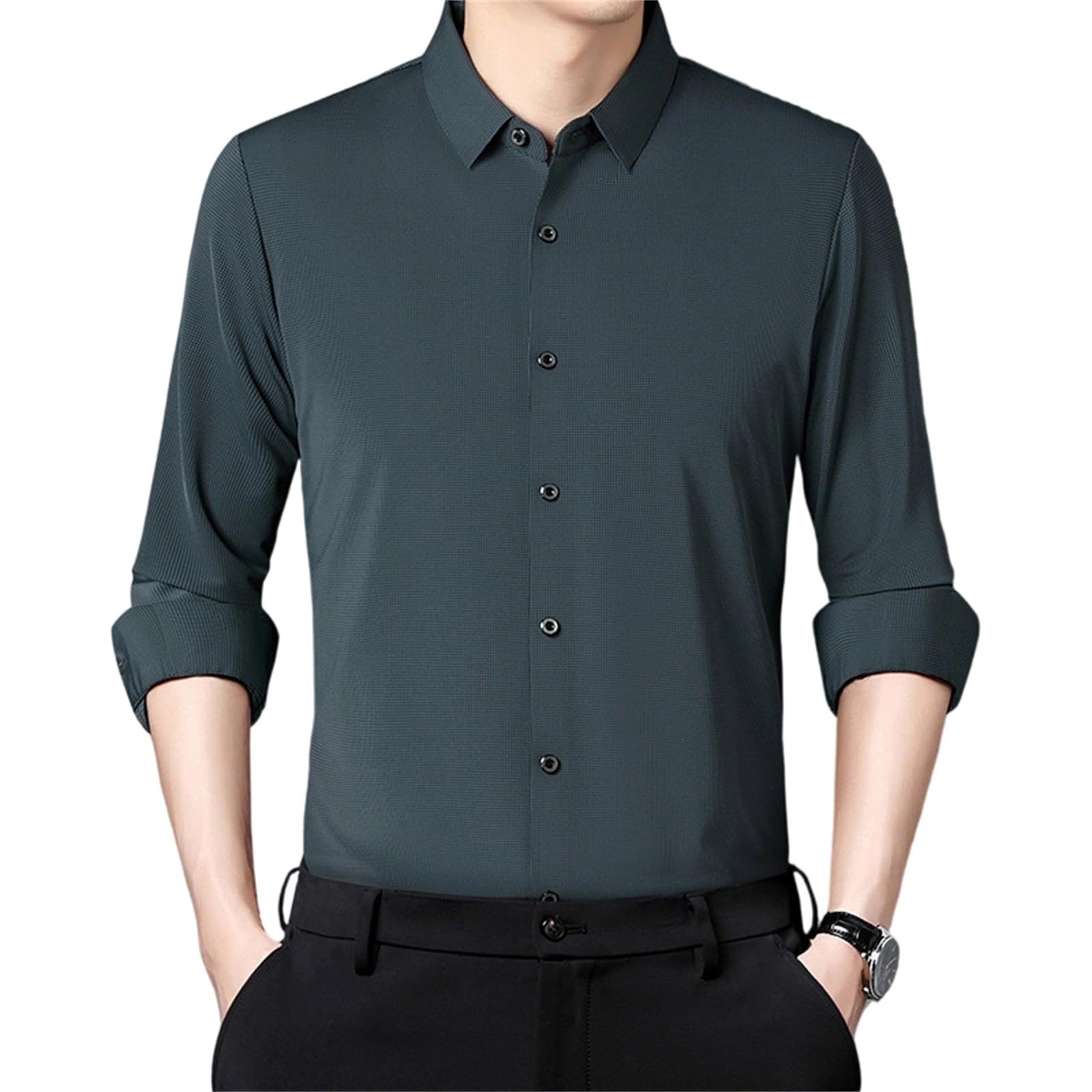 Mens Ice Silk Dress Shirts Long Sleeve Slim Fit Solid Smooth Casual Business Party Button Down Shirt Top