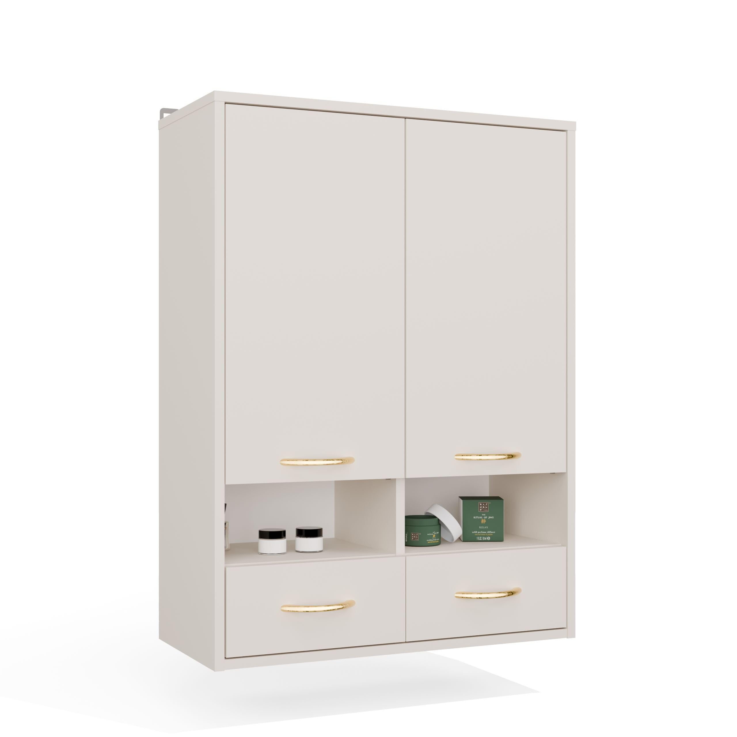 ARREDO DA CASA Pensile Bagno Sospeso Moderno 66x90x30 cm, Mobiletto Bagno con 2 Ante, 6 Vani, 2 Vani a Giorno e 2 Cassetti, con Maniglie Nere, Design Salvaspazio PBT2 (Beige)
