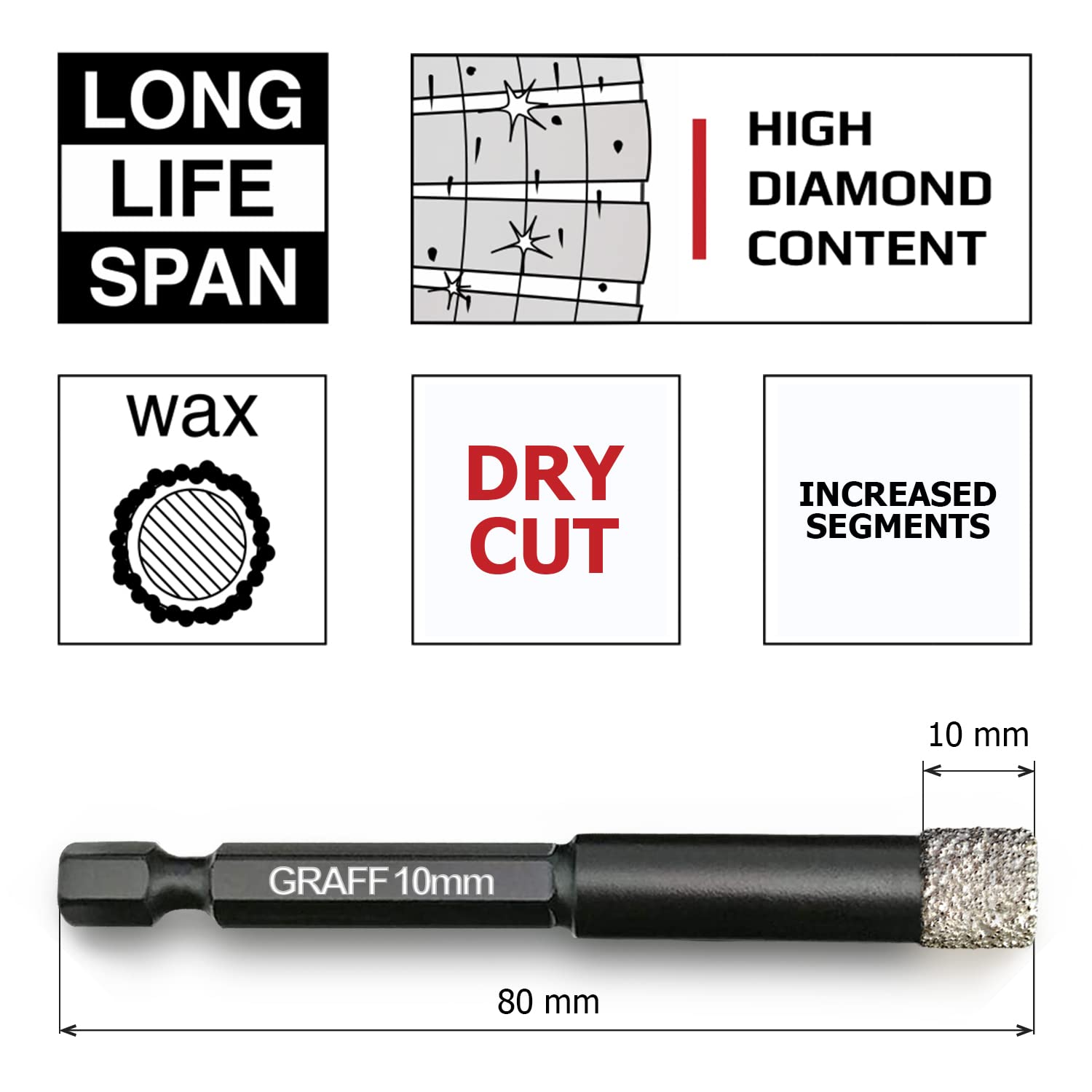 GRAFF Wiertło Diamentowe 10 mm do Porcelanowych, Twardego Płytek, Kamienia, Granitu, Ceramiczny - Profesjonalne Wiertło z Szybkozmiennym Trzonkiem Sześciokątnym E6.3