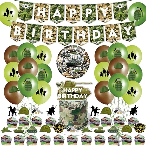 Conjunto de decorações de festa militar: bandeira de camuflagem de feliz aniversário, decoração para bolos, decoração de cupcakes, balões de látex para material de festa temática de soldado e