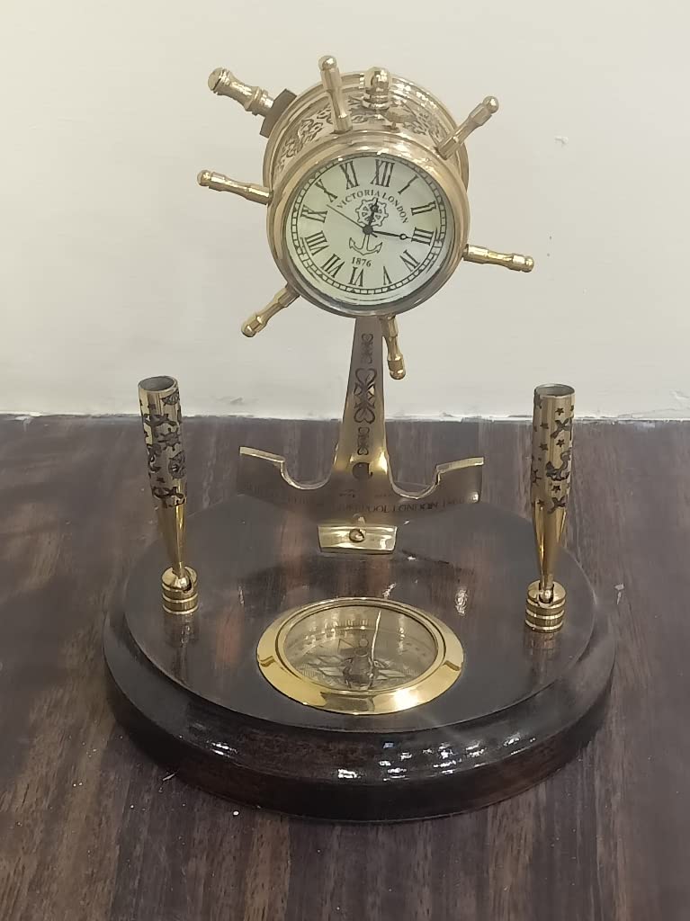 Nautical Brass Telegraph Table Top Clock with Pen Holder and Compass on Wooden Base Home/Office Decorative with Ship Wheel Design