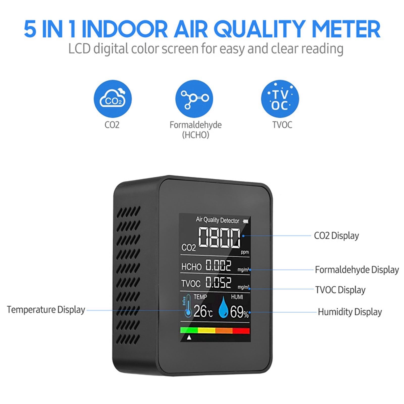 Monitor della qualità Dell'aria Interna Rilevazione in Tempo Reale Display LCD Monitor Accurato della CO2 Tester di umidità della Temperatura TVOC HCHO