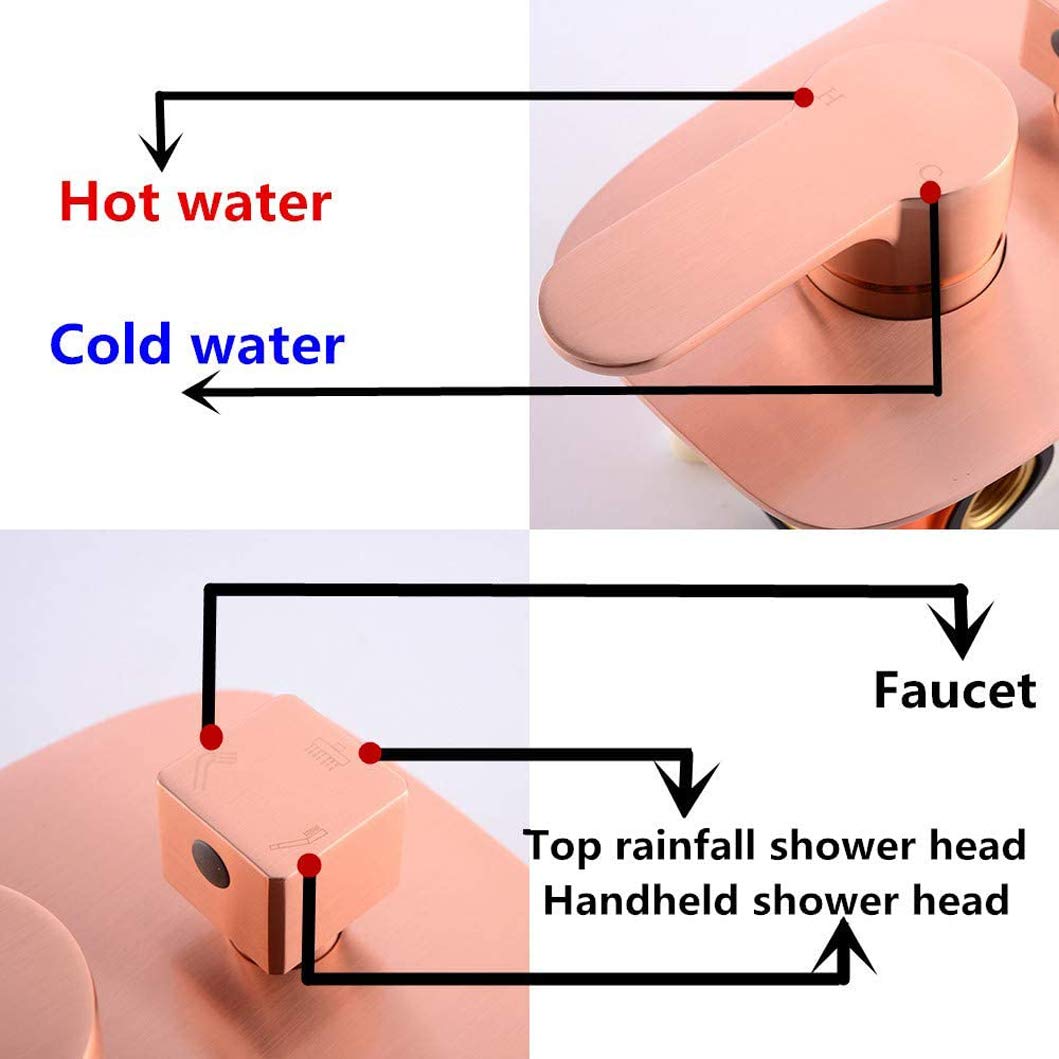 Sistema doccia, montaggio a parete in ottone spazzolato oro rosa bagno 10-12 pollici pioggia doccia rubinetto sistema miscelatore set con doccia palmare e rubinetti vasca, Luxu,
