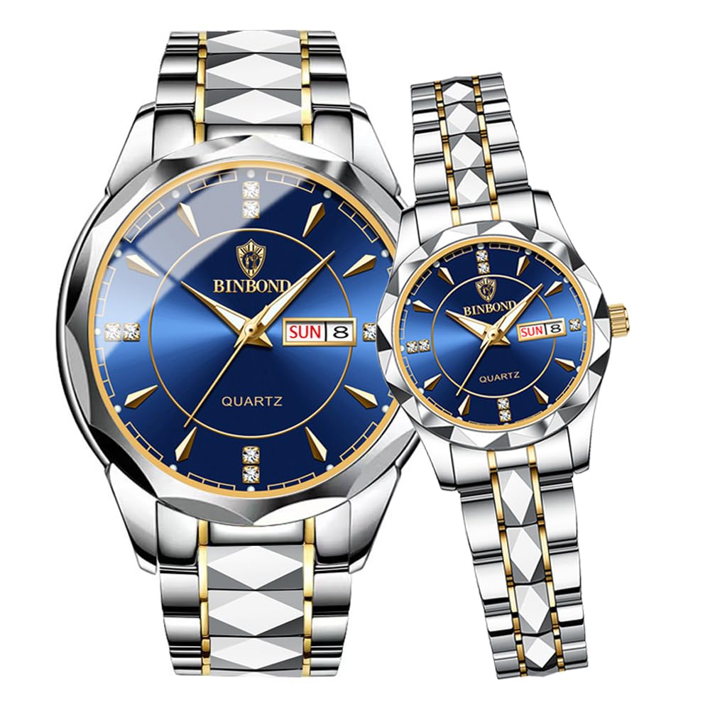 Reloj de pulsera analógico de cuarzo unisex de lujo con correa de acero inoxidable con calendario para parejas