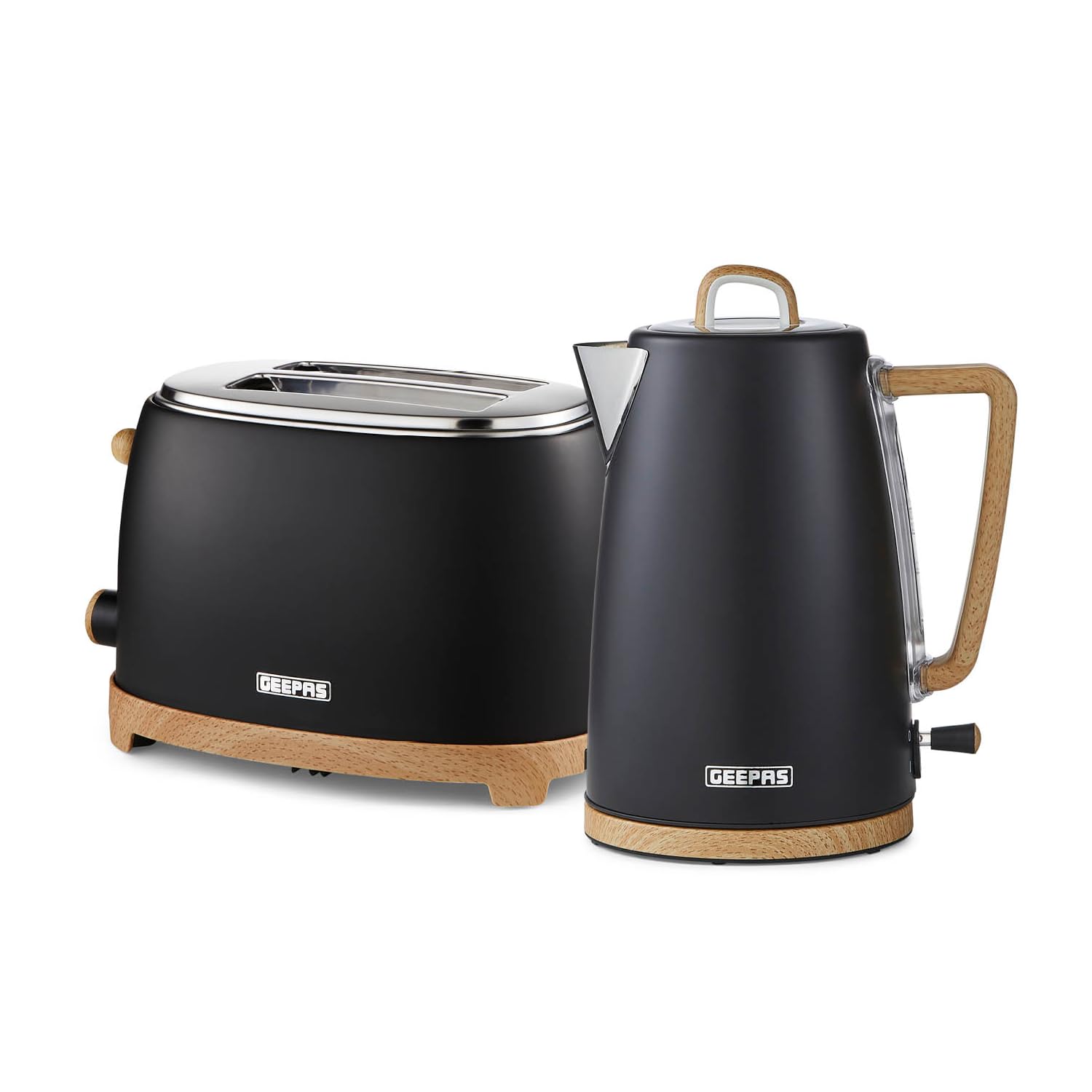 GEEPAS NordiQ 2 Slice Toaster & 1.7L Electric Kettle Kitchen Combo Set | Matte Finish with Wood Accents | 850W 6 Browning Levels Defrost Reheat & Cancel | 3000W Rapid Boil Cordless Jug Kettle | Black