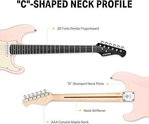 Miniatura 5 de Donner Kit de iniciación para guitarra eléctrica de 39 pulgadas, tamaño completo, bobina HSS de cuerpo sólido, para adultos, color rosa DST-200P