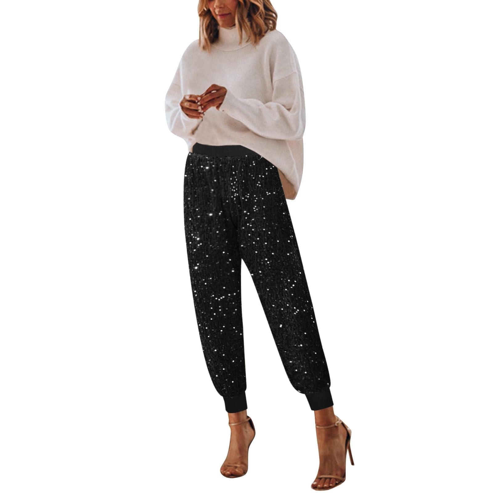 Generico Pantaloni con Paillettes Donna Elegante Pantalone A Vita Alta Pantaloncini Streetwear Extra Lunghi Zampa Brillanti Completo Curvy Larghi Culotte Casual Gamba