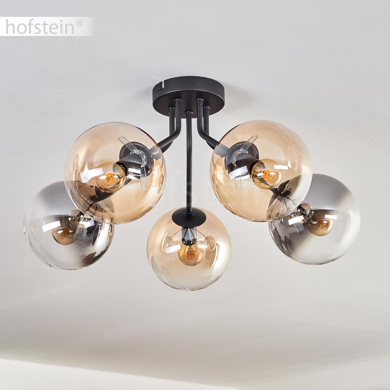 Plafoniera Gastor, lampada da soffitto in metallo/vetro nero/ambra/trasparente/fumo/trasparente, design retrò/vintage con ombrelli in vetro (Ø 15 cm), 5 lampadine E27, senza lampadina