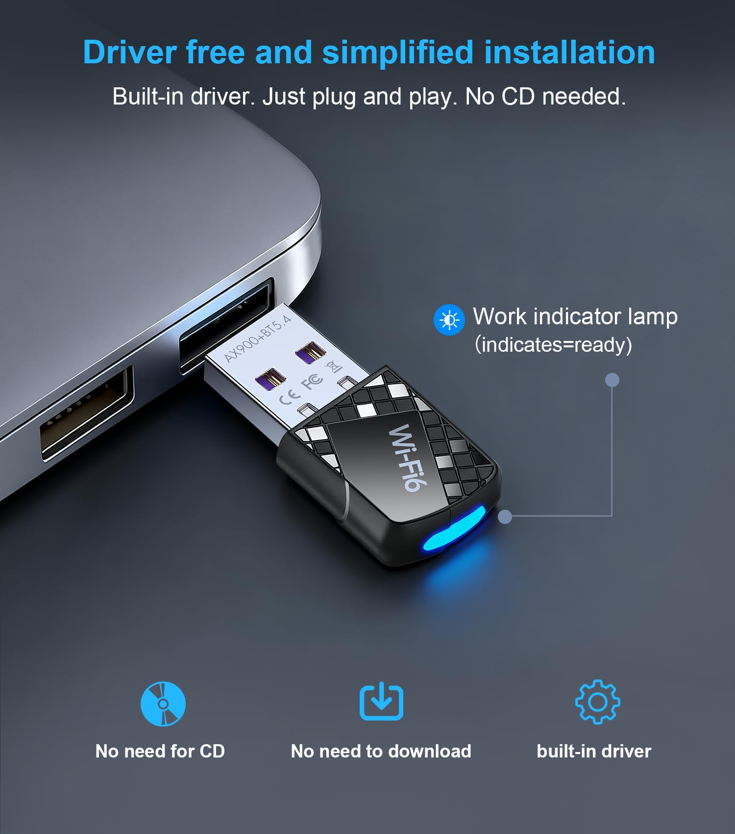 Adaptador Wi-Fi USB, WiFi 6 y adaptador Bluetooth 5.4 para computadora portátil, dongle inalámbrico de 900 Mbps, doble banda 5G/2.4GHz, controlador integrado para escritorio/portátil/PC, WPA3