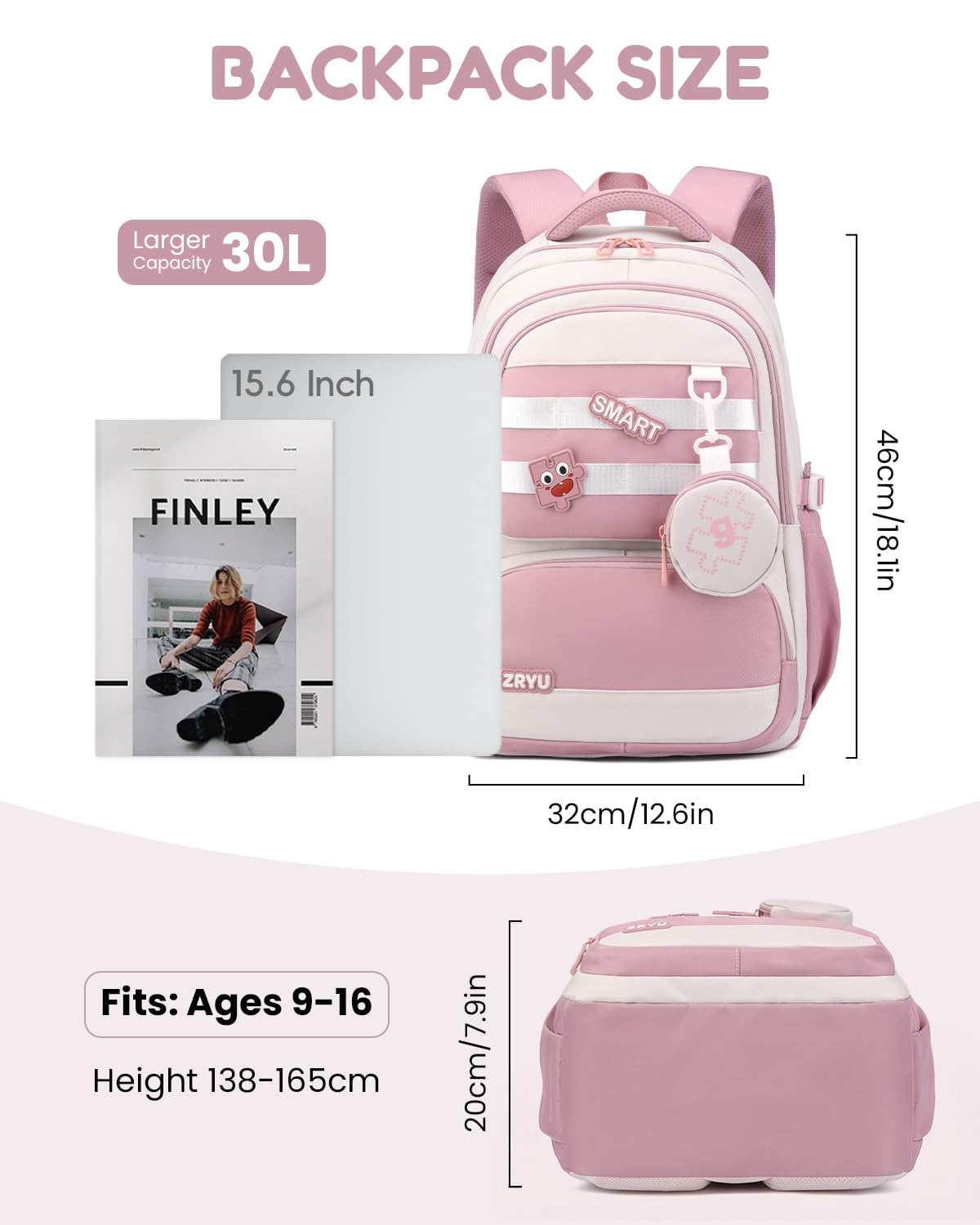 Amythe Schulrucksack für Mädchen Teenager, Großer Rucksack Schule mit 15,6" Laptopfach, Leichte Wasserdichter Schultasche Mädchen 3.-9. Klasse, Lässiger Tagesrucksäcke, Rosa