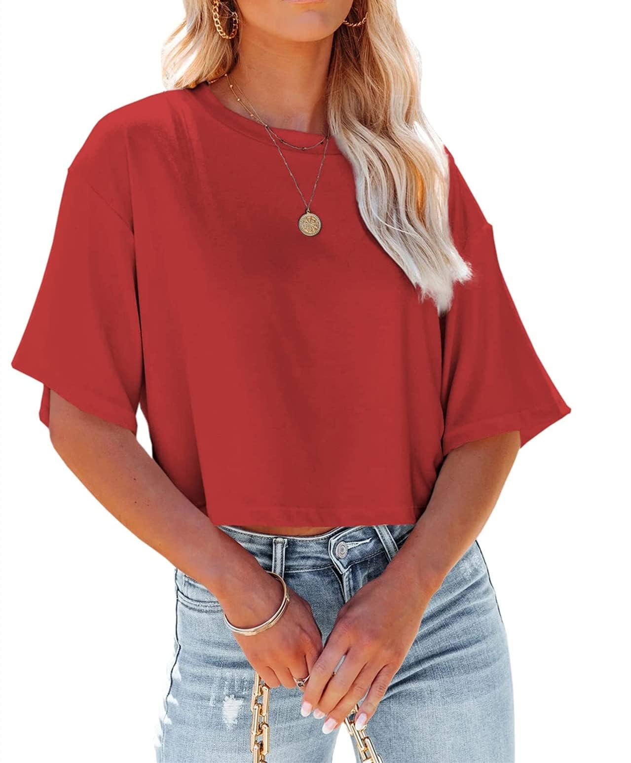 Suncife Damen-T-Shirt, bauchfrei, Hlaf-Ärmel, lässig, locker, taillierter Schnitt