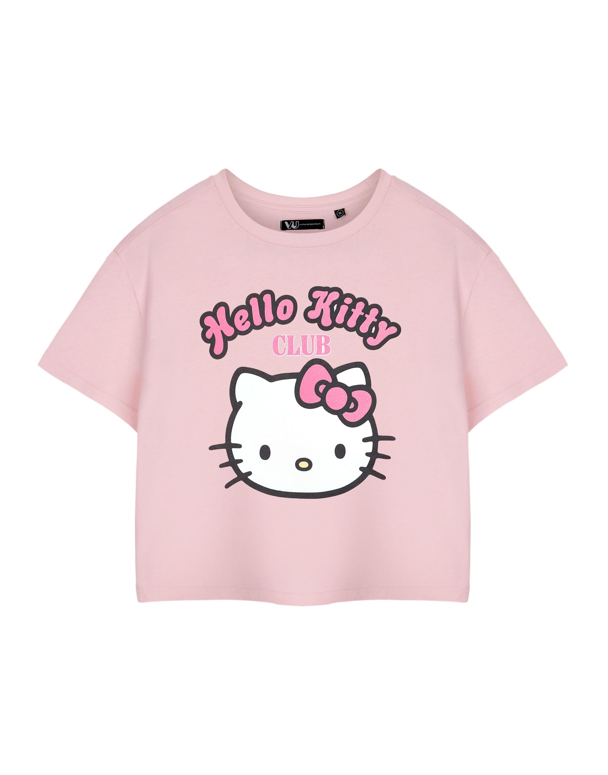 Hello Kitty Womens Pink Cropped Short-Sleeved T-Shirt | Club Graphic Tee for Ladies | Girls Pink Top Merchandise for Her