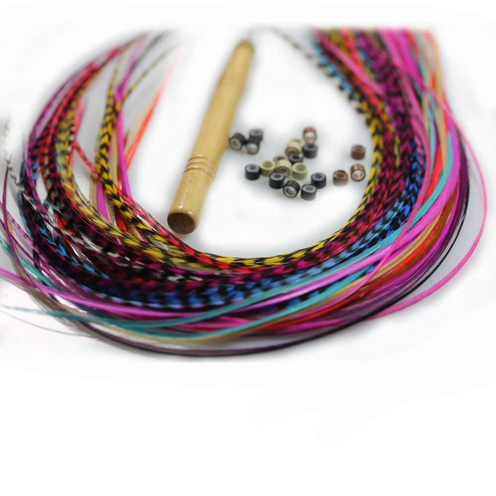 Feather Hair Extension Kit – 10 Long Multicolor Genuine Rooster Feathers, All Individual Feathers, Ranging From 7 to 11 Inches in Length, Includes 10