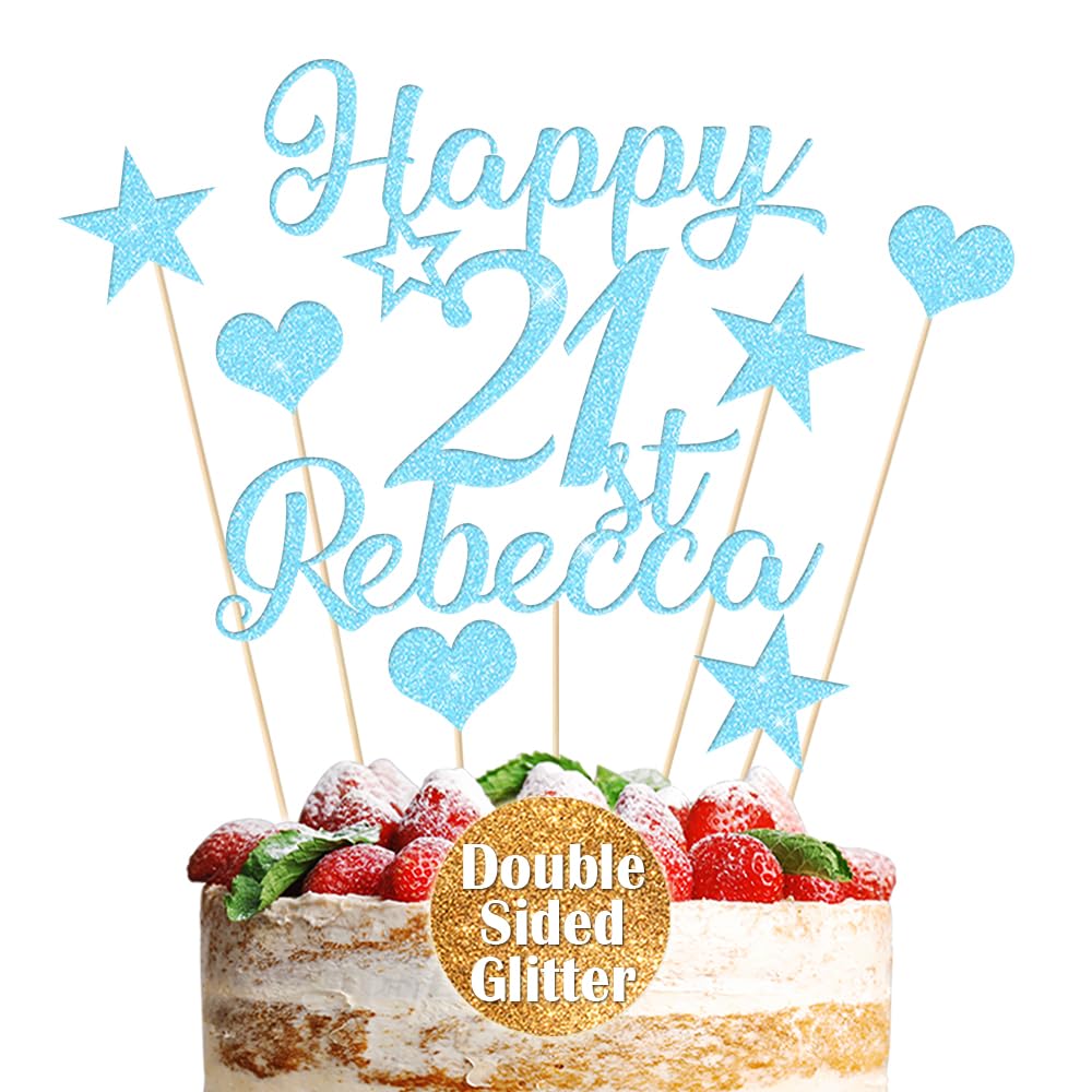 Personalised Cake Topper Custom Multicoloured Non-Shed Double Sided Glitter Cake Decoration Happy Birthday Cake Topper with Any Name Any Age 13th 21st 30th 50th (Light Blue)