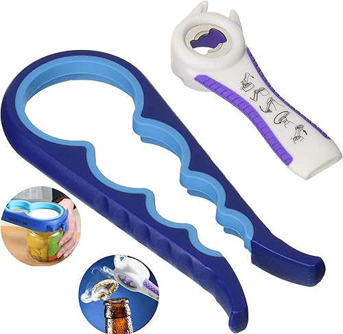 Miniatura 1 de Paquete de 2 abrelatas de tapa de tarro, 5 en 1 + 4 en 1 multifunción de abrelatas de botellas, kit de abridor de botellas multifuncionales de acero