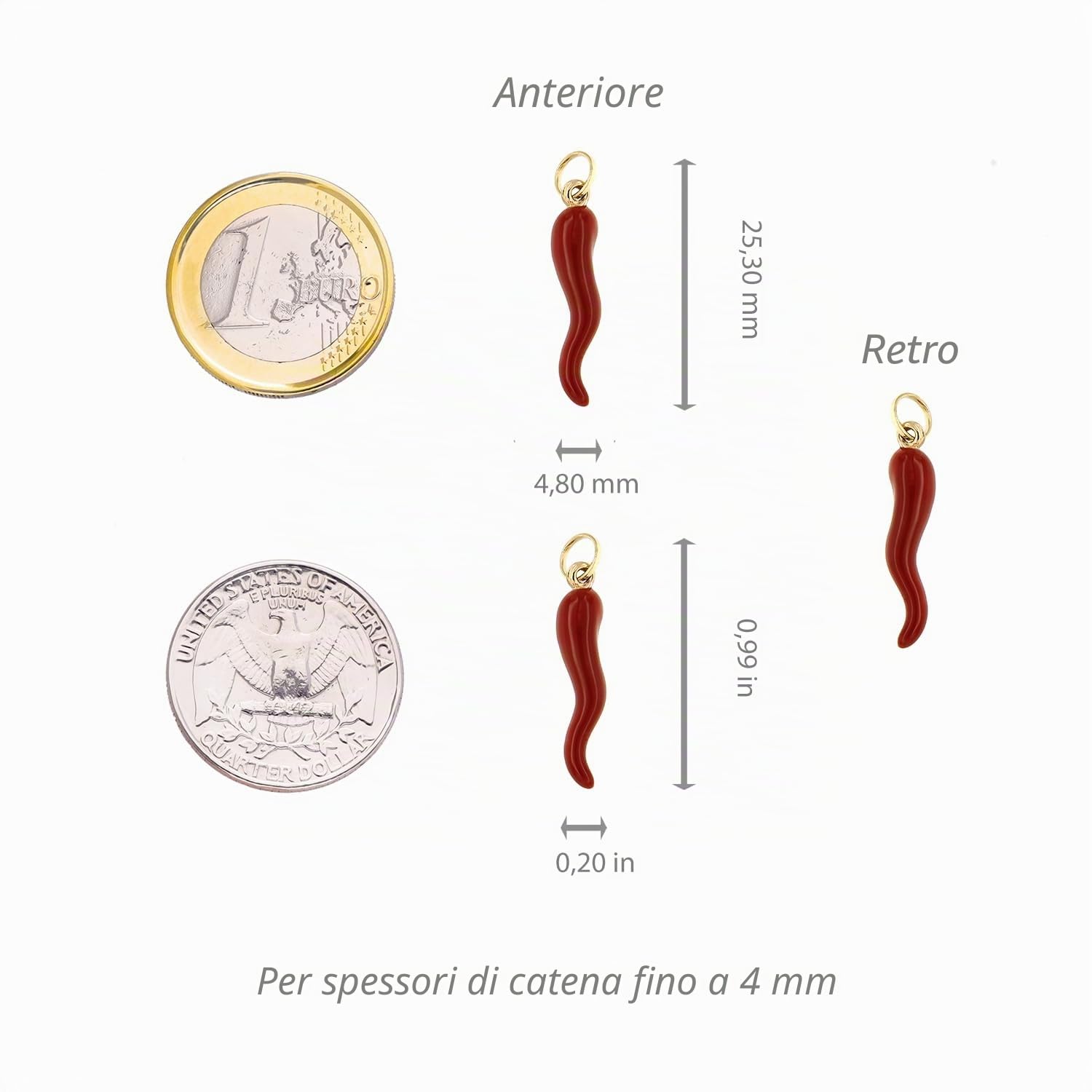 forme di Lucchetta - Piccolo Ciondolo Cornetto Portafortuna Rosso in Oro Giallo 9k, Peperoncino Smaltato a mano, Charms e Ciondoli Unisex per Collana Uomo Donna fino a 4mm